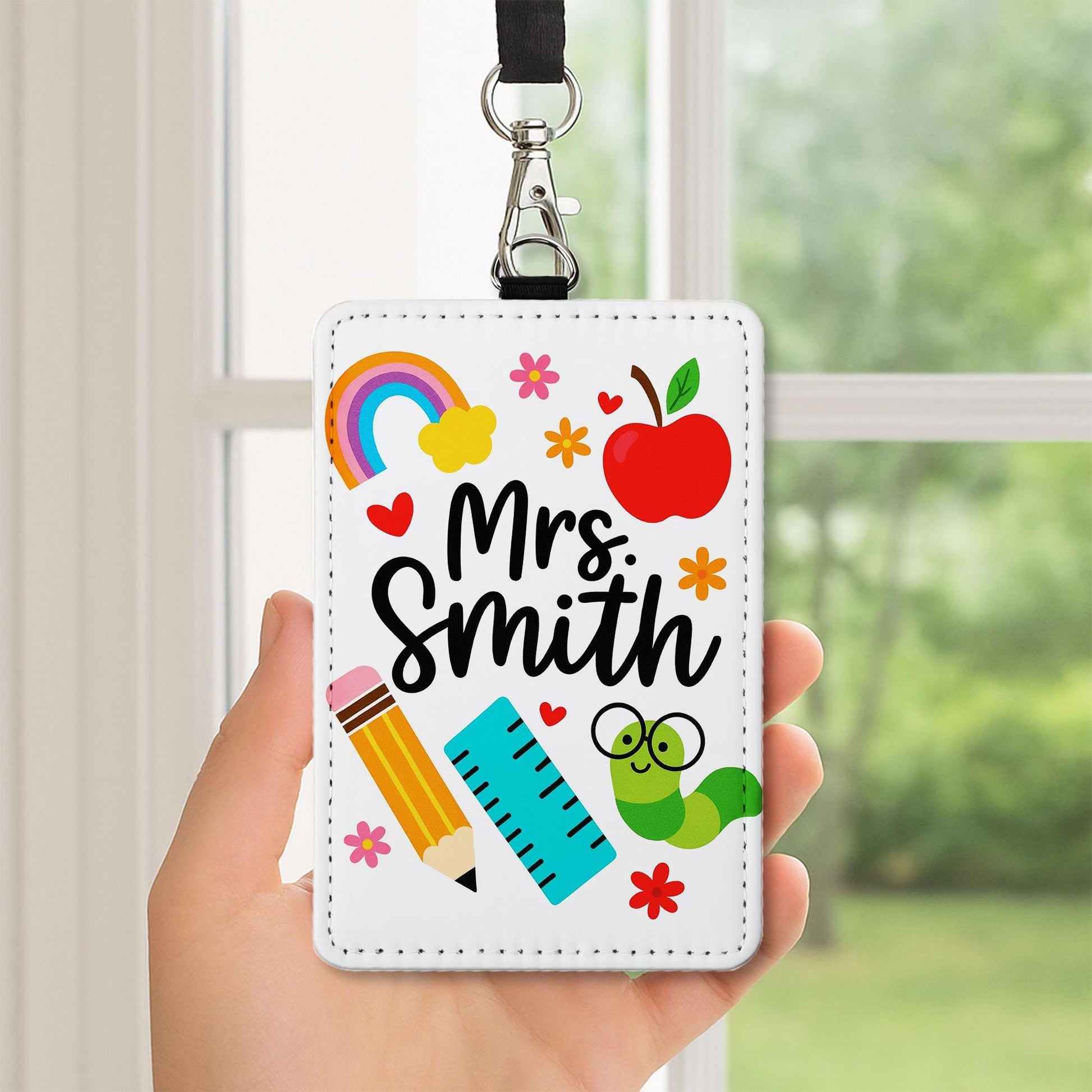 Personalized Teacher Badge Holder, Cute School Icons ID Tag for Teachers, Educators, Rainbow, Pencil, Apple Design Lanyard Gift, School Gift