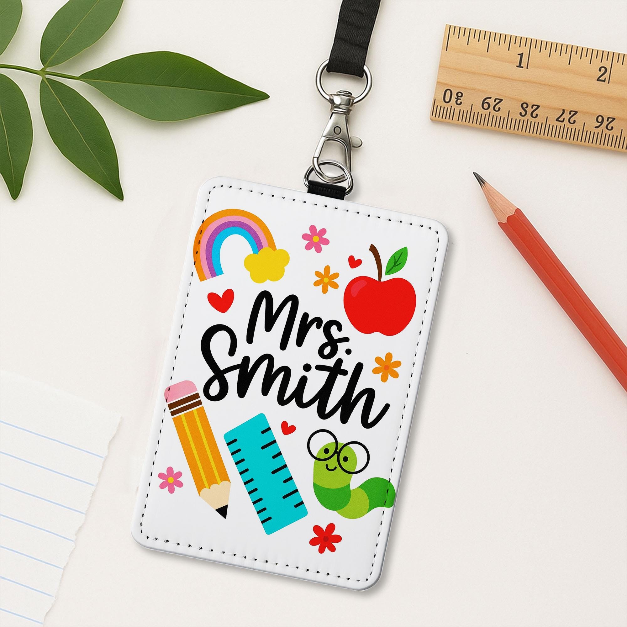 Personalized Teacher Badge Holder, Cute School Icons ID Tag for Teachers, Educators, Rainbow, Pencil, Apple Design Lanyard Gift, School Gift