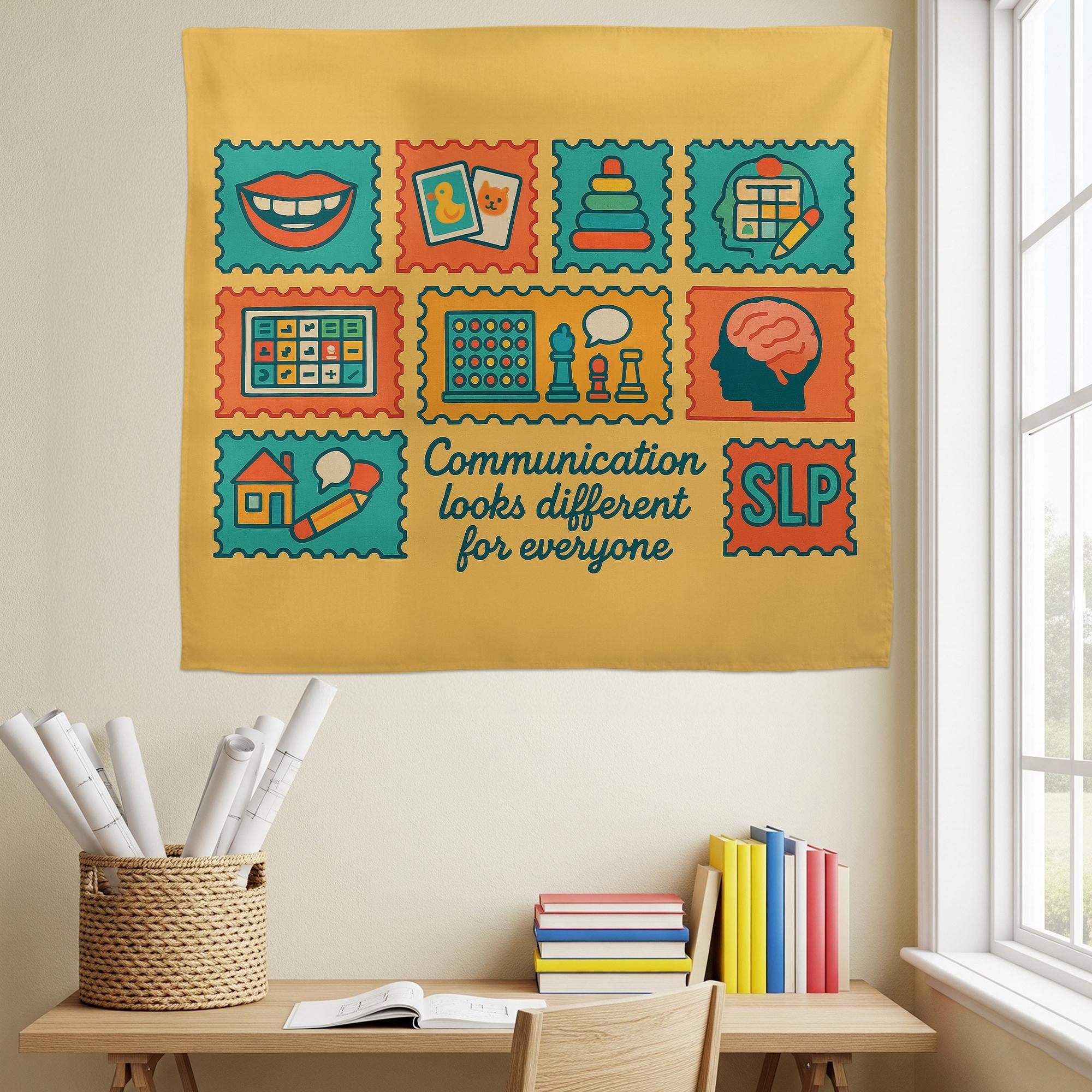 SLP Classroom Tapestry, Speech Therapy Wall Decor, Communication Poster, Colorful Educational Banner, Speech Pathologist Gift