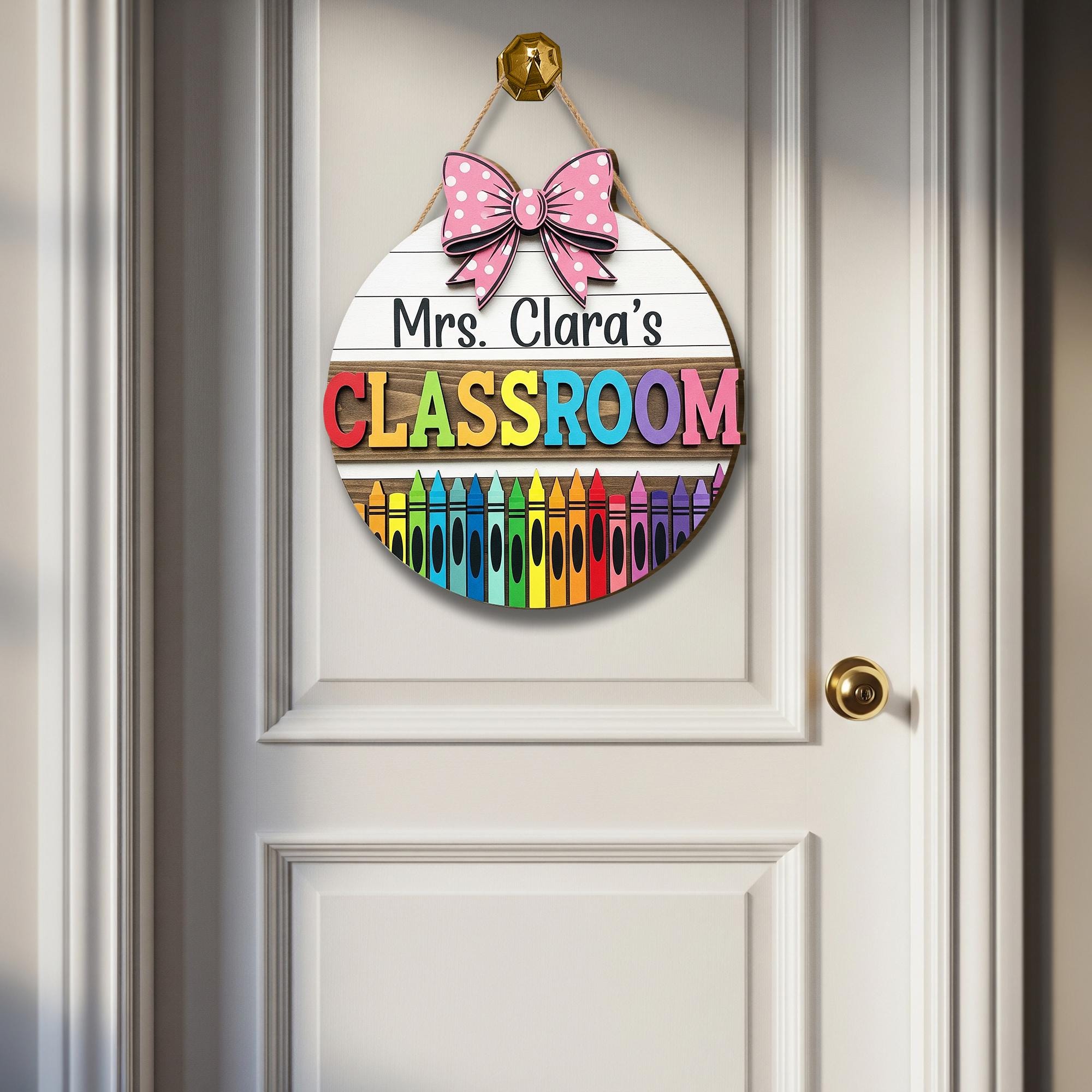 Personalized Teacher Door Hanger, Classroom Crayon Sign, Custom Name Door Decor, Back to School Teacher Gift, Rainbow Bow Hanger
