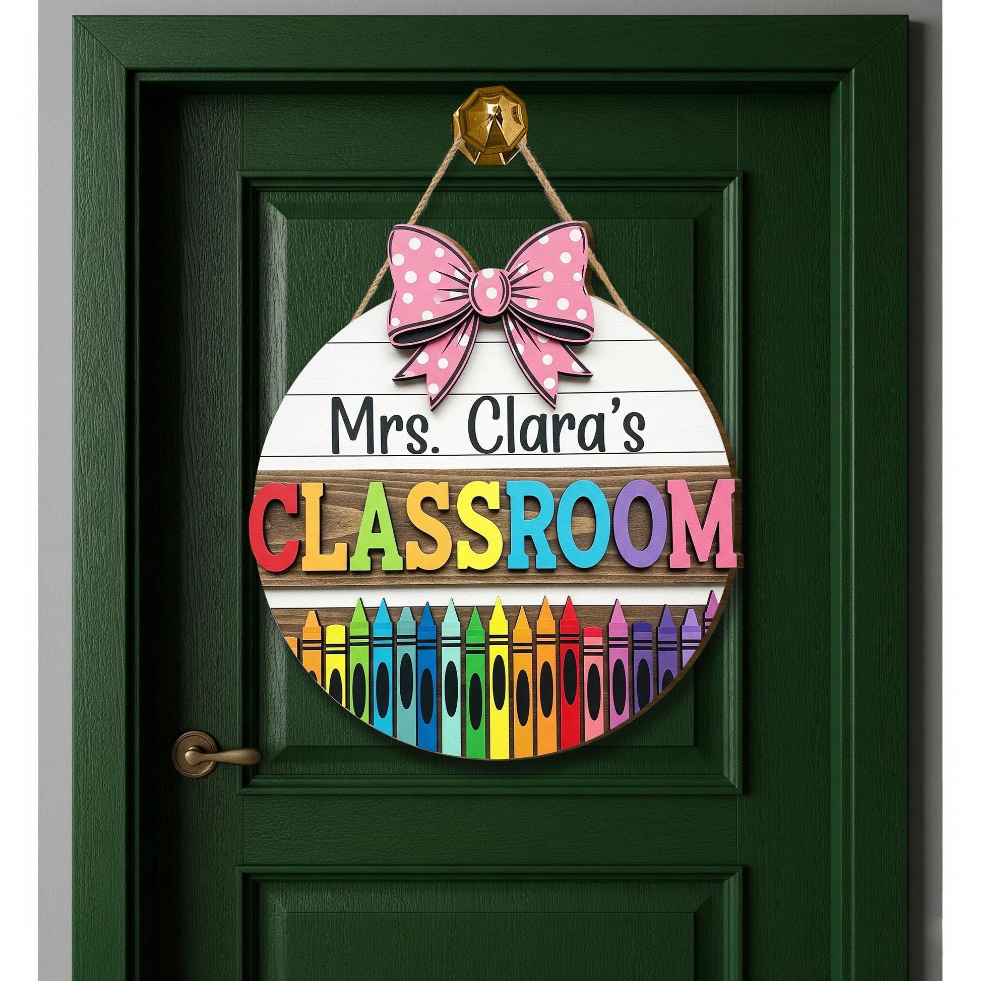 Personalized Teacher Door Hanger, Classroom Crayon Sign, Custom Name Door Decor, Back to School Teacher Gift, Rainbow Bow Hanger