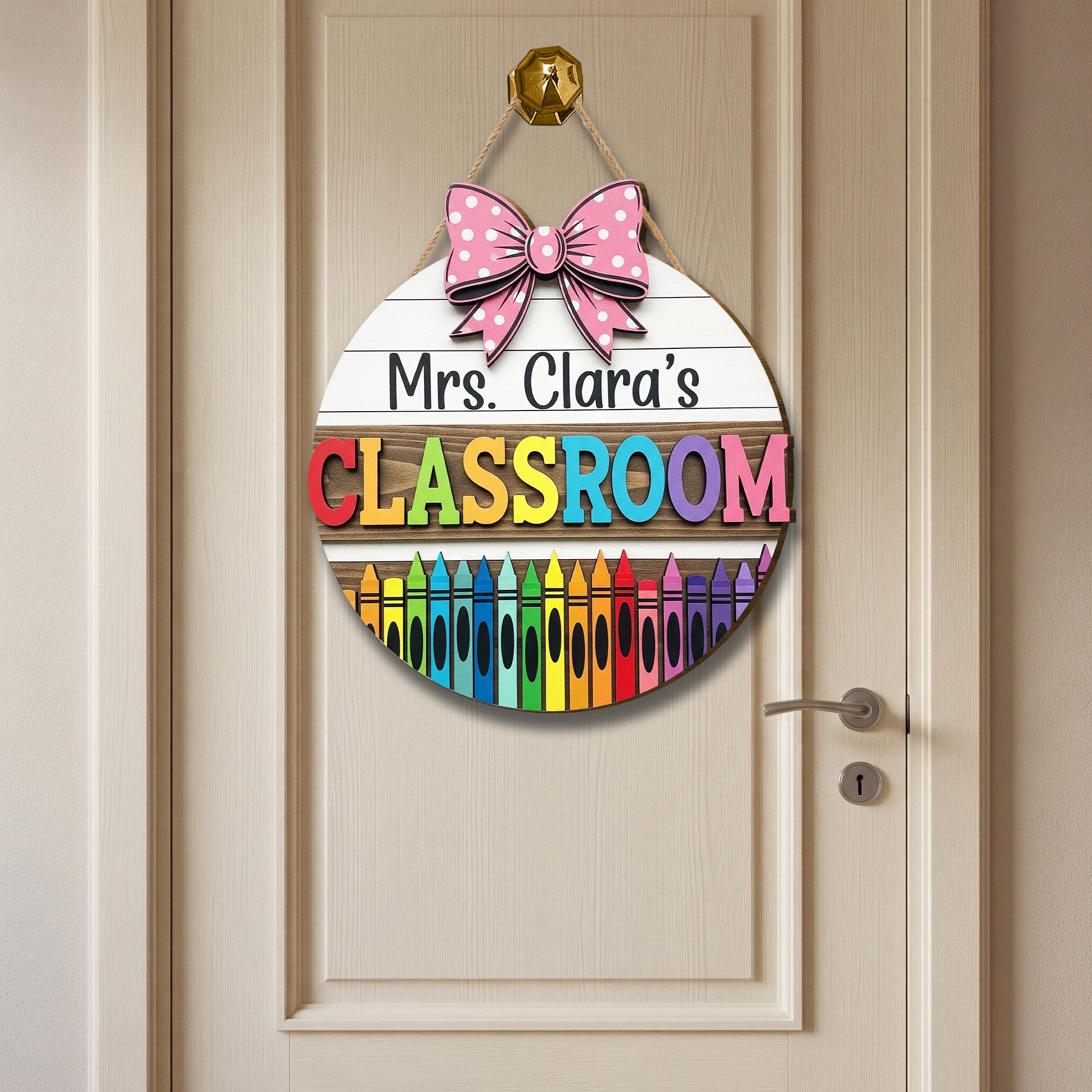 Personalized Teacher Door Hanger, Classroom Crayon Sign, Custom Name Door Decor, Back to School Teacher Gift, Rainbow Bow Hanger