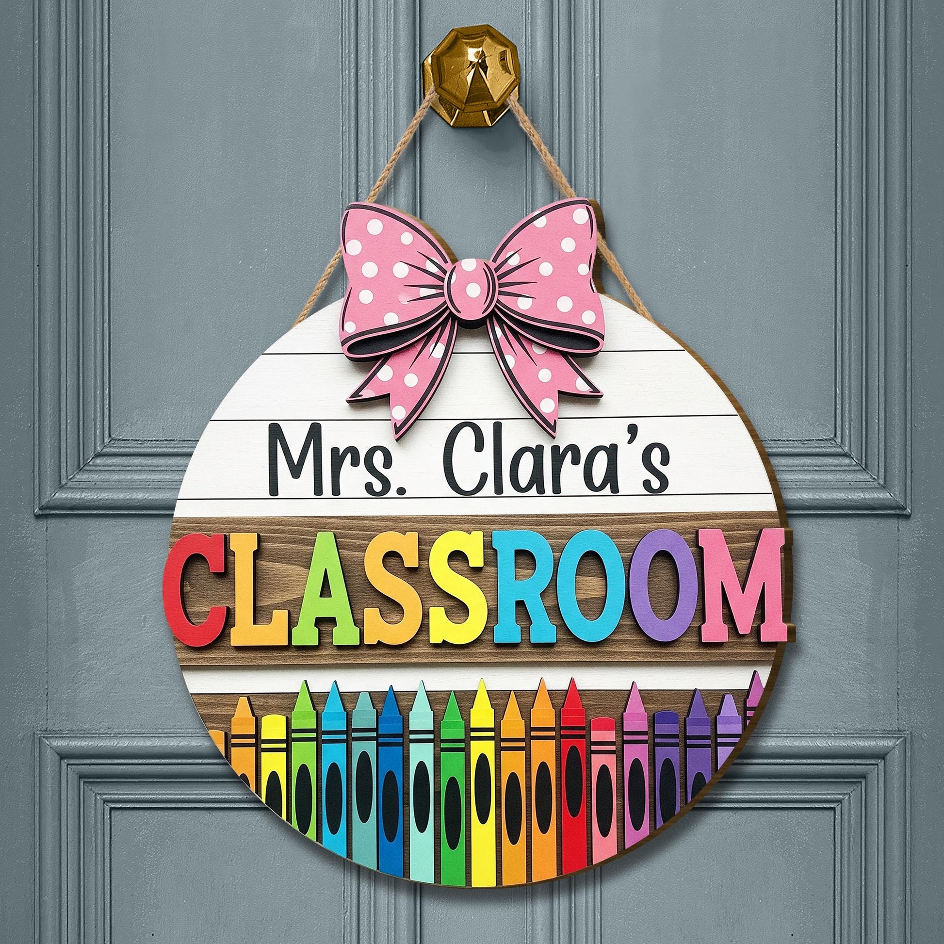 Personalized Teacher Door Hanger, Classroom Crayon Sign, Custom Name Door Decor, Back to School Teacher Gift, Rainbow Bow Hanger