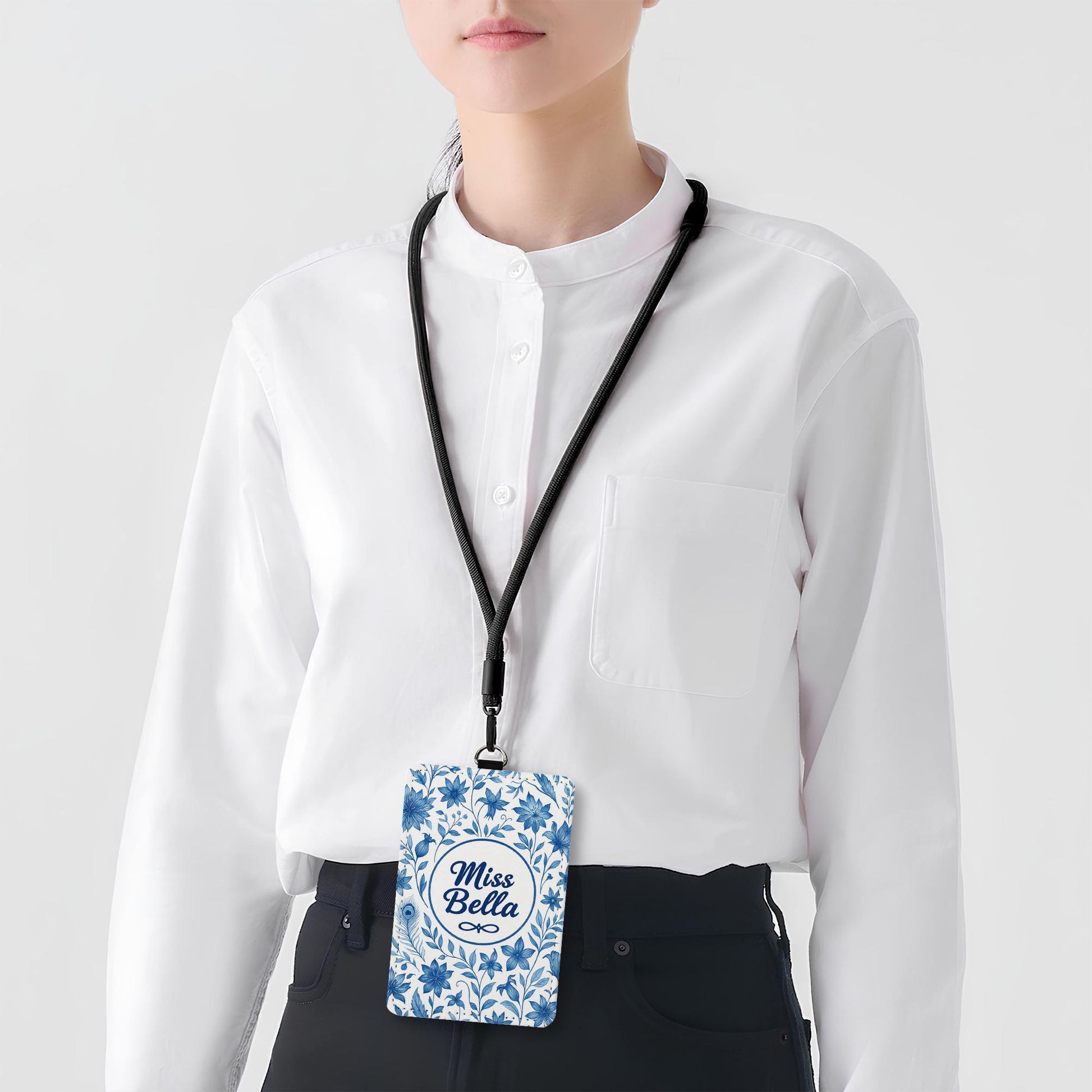 Personalized Floral Teacher Badge Holder, Custom Name ID Tag for Teachers, Educators – Elegant Blue Flower Design Lanyard Gift for Educators