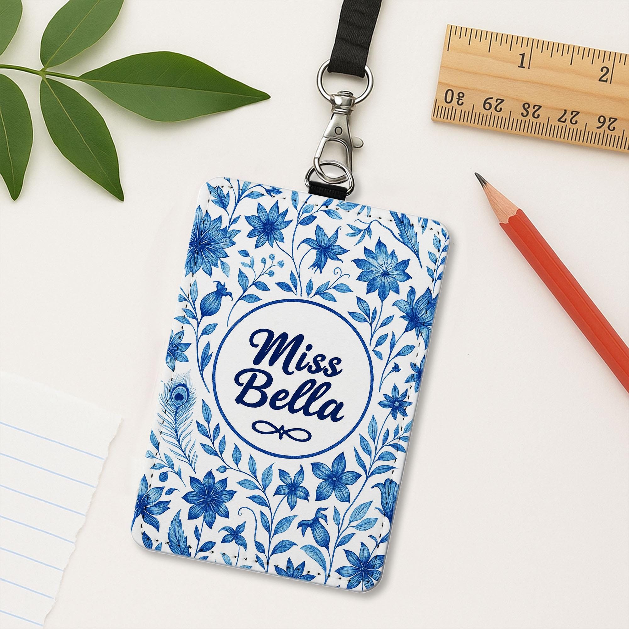 Personalized Floral Teacher Badge Holder, Custom Name ID Tag for Teachers, Educators – Elegant Blue Flower Design Lanyard Gift for Educators