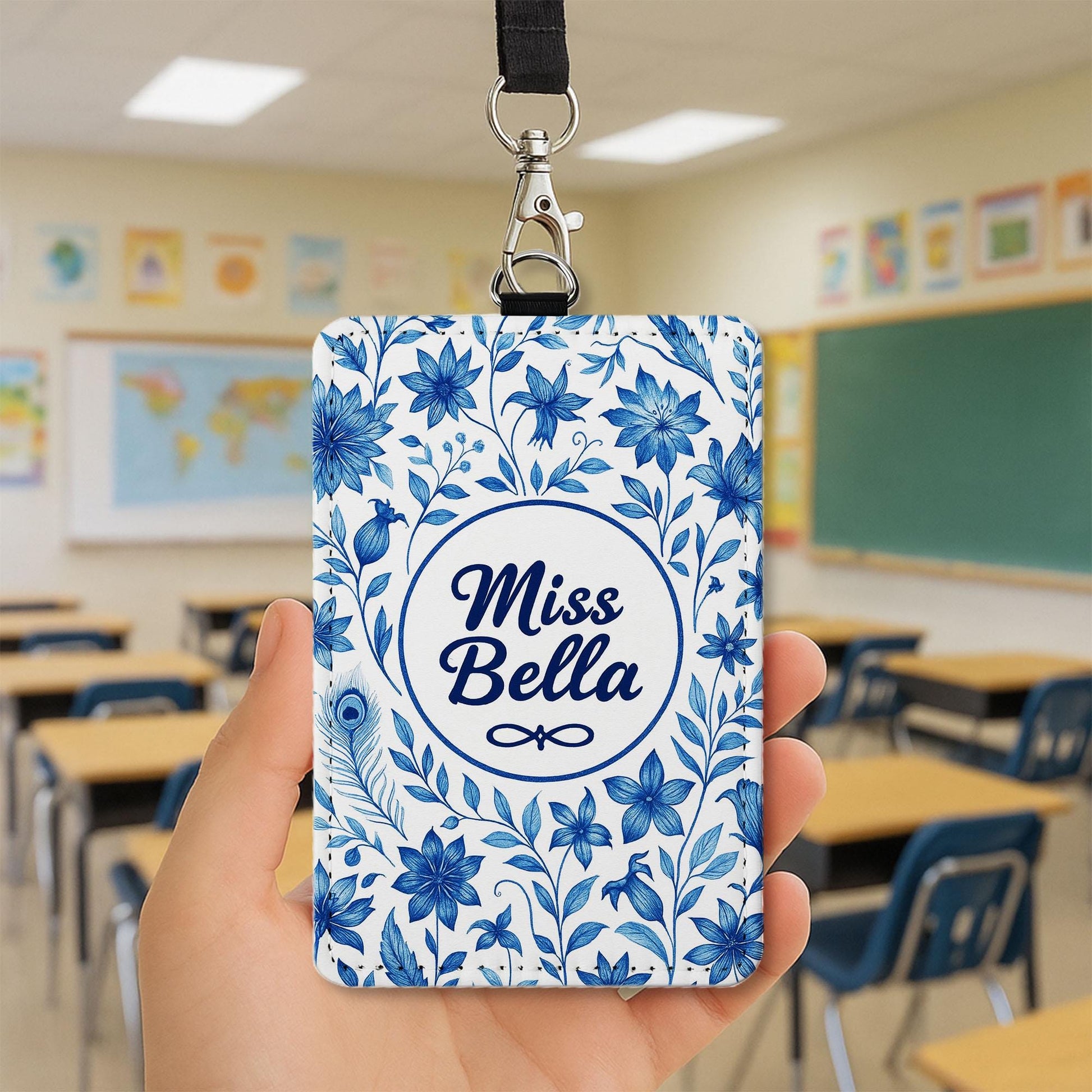 Personalized Floral Teacher Badge Holder, Custom Name ID Tag for Teachers, Educators – Elegant Blue Flower Design Lanyard Gift for Educators