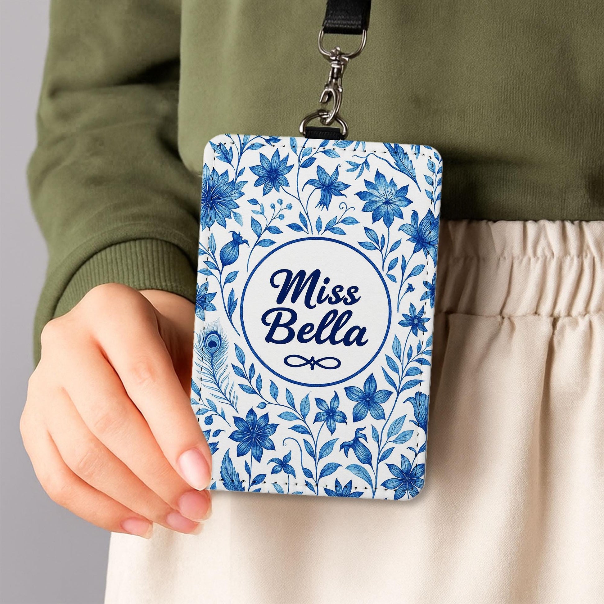 Personalized Floral Teacher Badge Holder, Custom Name ID Tag for Teachers, Educators – Elegant Blue Flower Design Lanyard Gift for Educators