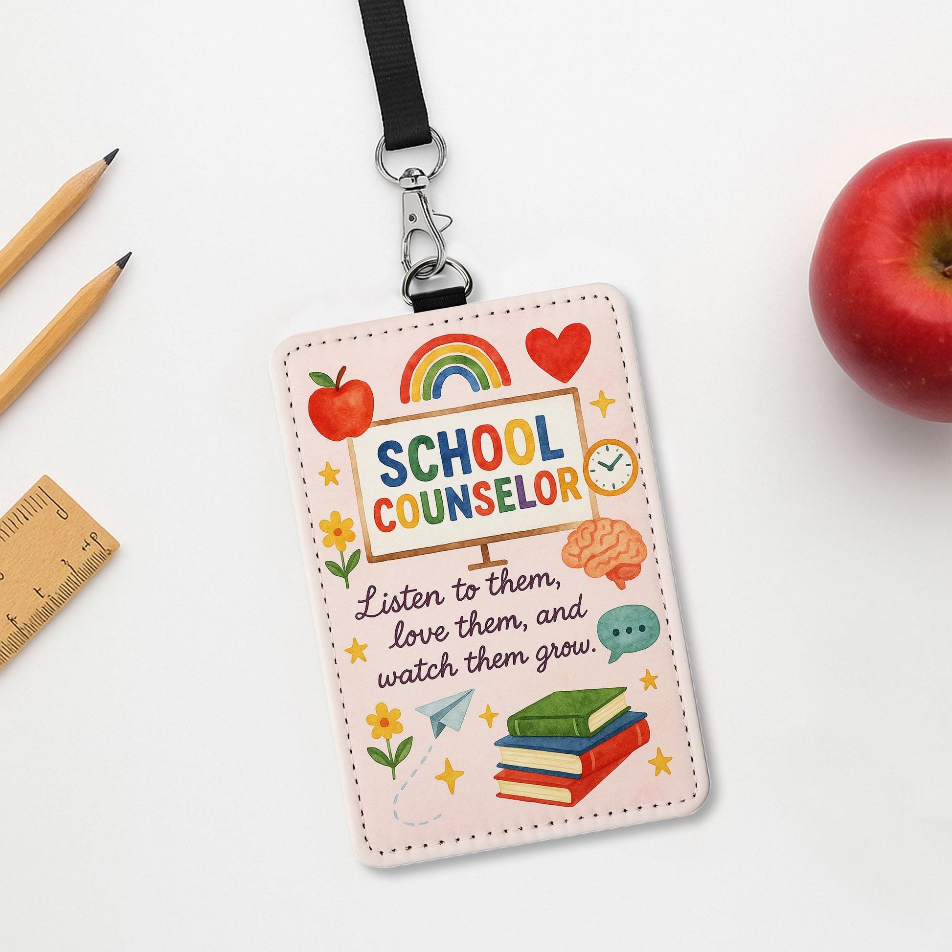 School Counselor Badge Holder, Inspirational ID Tag Insert, Cute Rainbow Lanyard Accessory, Counselor Gift for Women Teachers