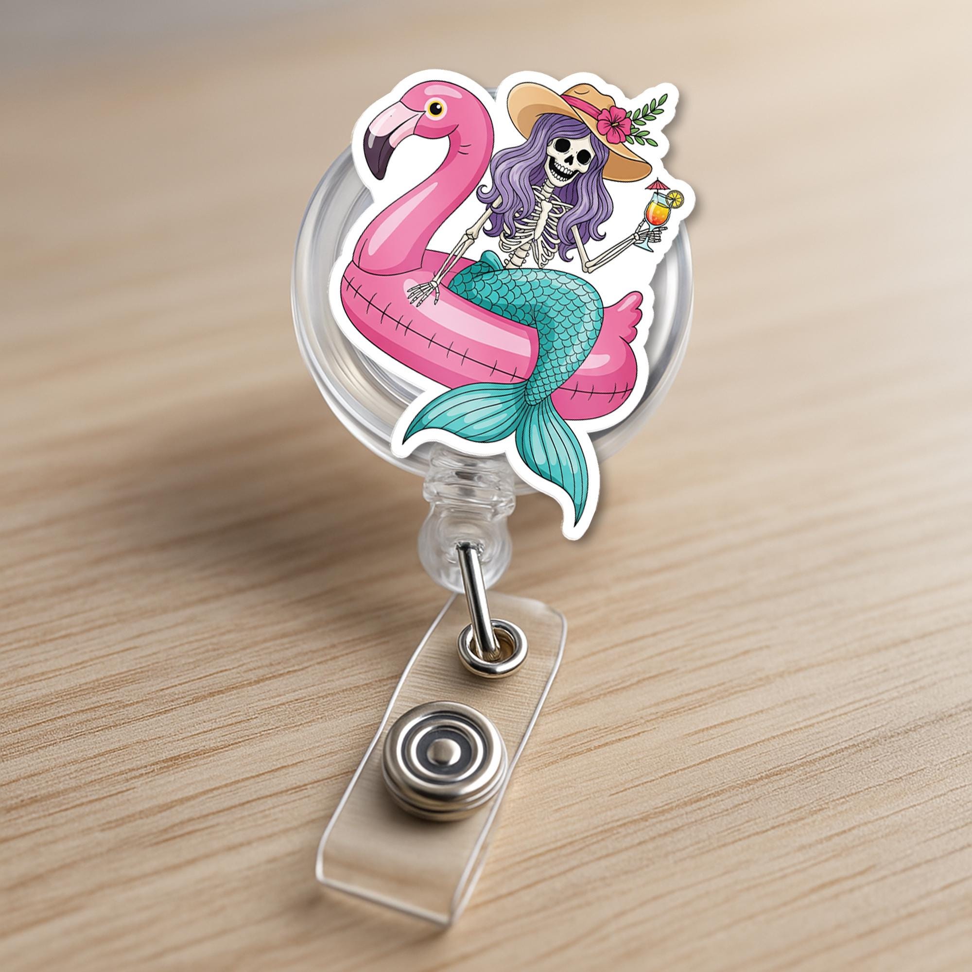 Funny Skeleton Mermaid Badge Reel – Summer Flamingo Floatie ID Holder – Cute Badge Clip for Nurses, Teachers, or Staff, Skull Badge Clip
