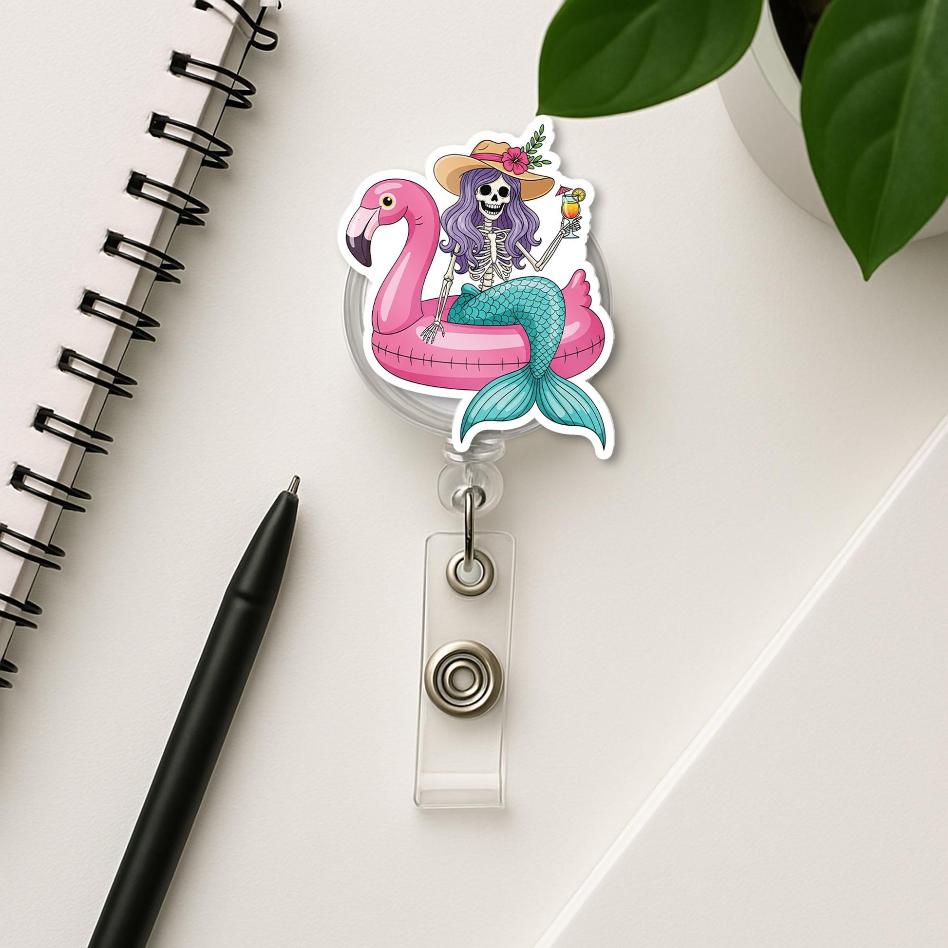 Funny Skeleton Mermaid Badge Reel – Summer Flamingo Floatie ID Holder – Cute Badge Clip for Nurses, Teachers, or Staff, Skull Badge Clip