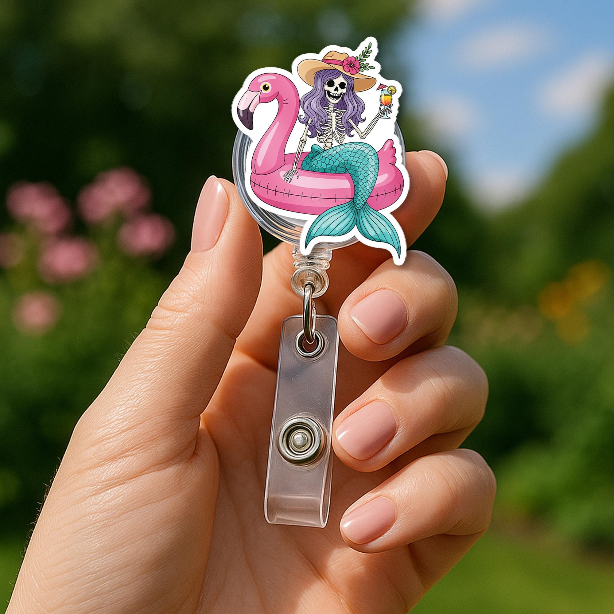 Funny Skeleton Mermaid Badge Reel – Summer Flamingo Floatie ID Holder – Cute Badge Clip for Nurses, Teachers, or Staff, Skull Badge Clip