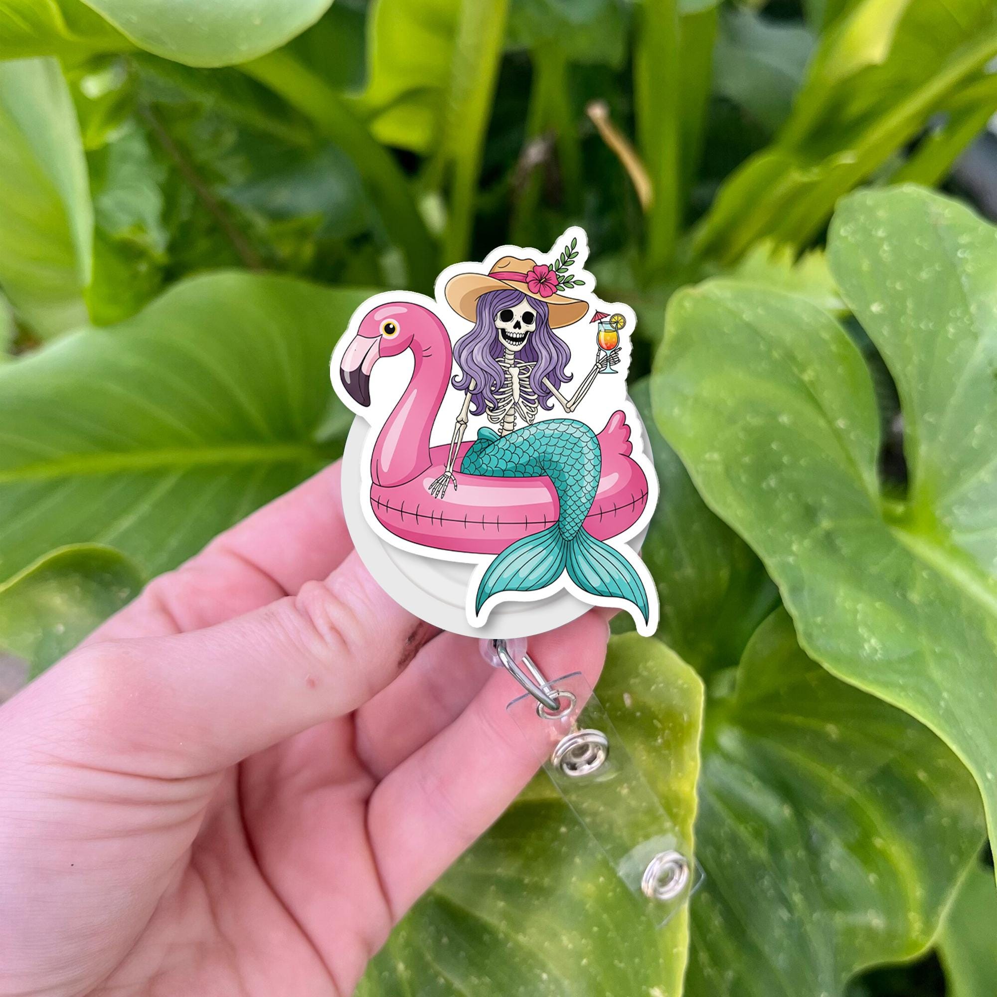 Funny Skeleton Mermaid Badge Reel – Summer Flamingo Floatie ID Holder – Cute Badge Clip for Nurses, Teachers, or Staff, Skull Badge Clip