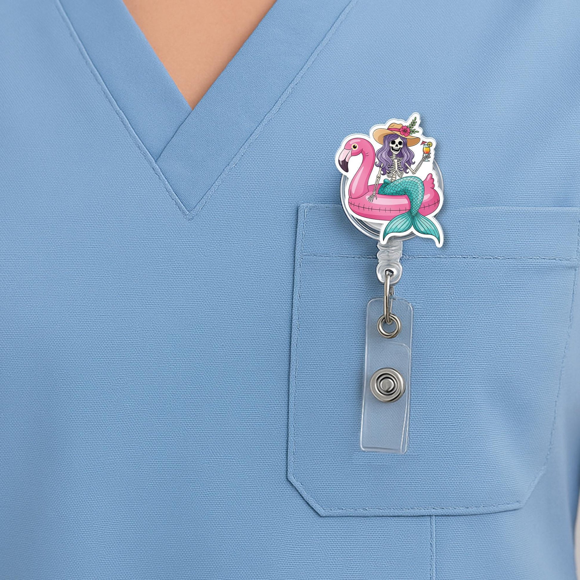 Funny Skeleton Mermaid Badge Reel – Summer Flamingo Floatie ID Holder – Cute Badge Clip for Nurses, Teachers, or Staff, Skull Badge Clip