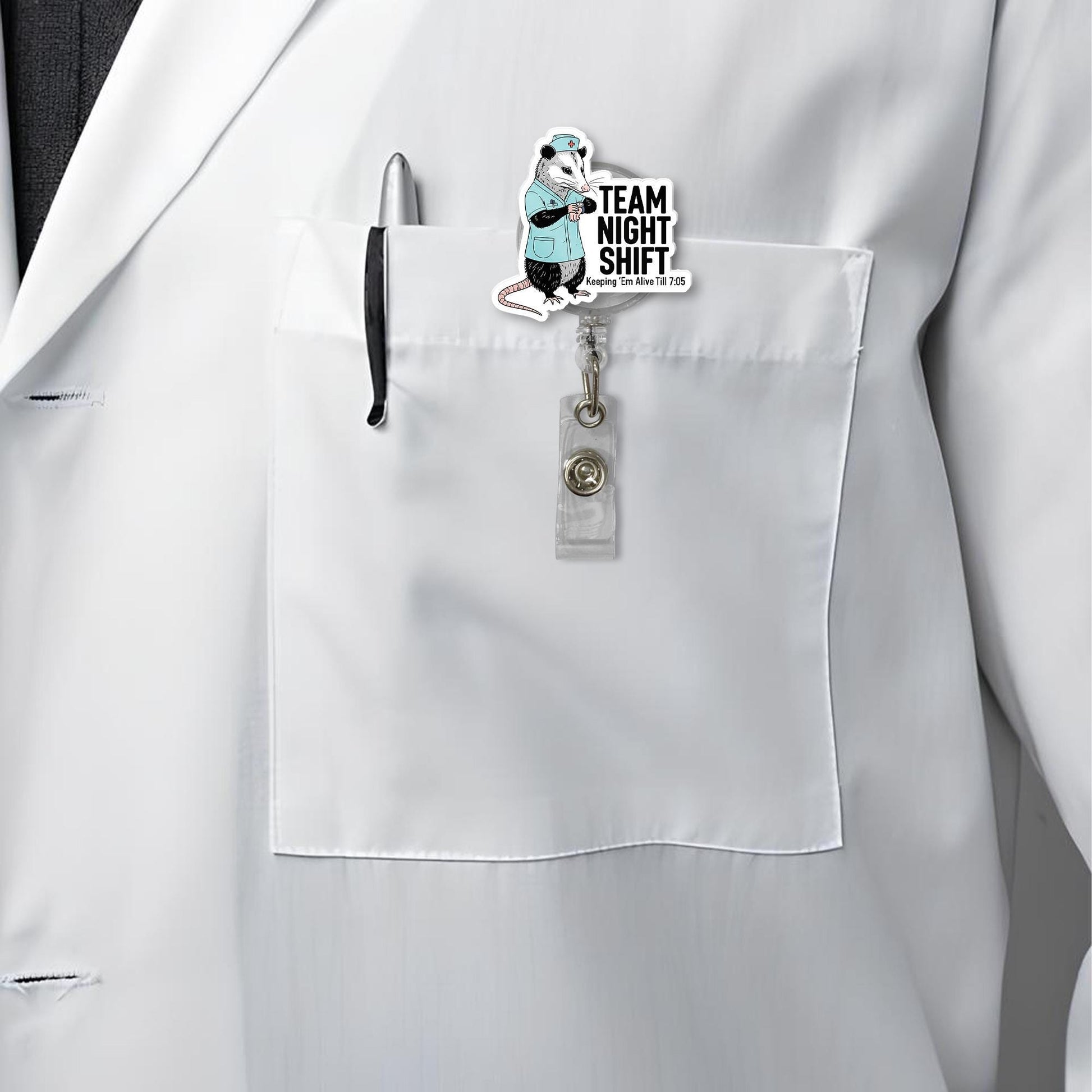 Funny Night Shift Badge Reel – Possum Nurse ID Holder, “Keeping ‘Em Alive Till 7:05” Clip, Hilarious Gift for RN, cna, emt, ICU Staff