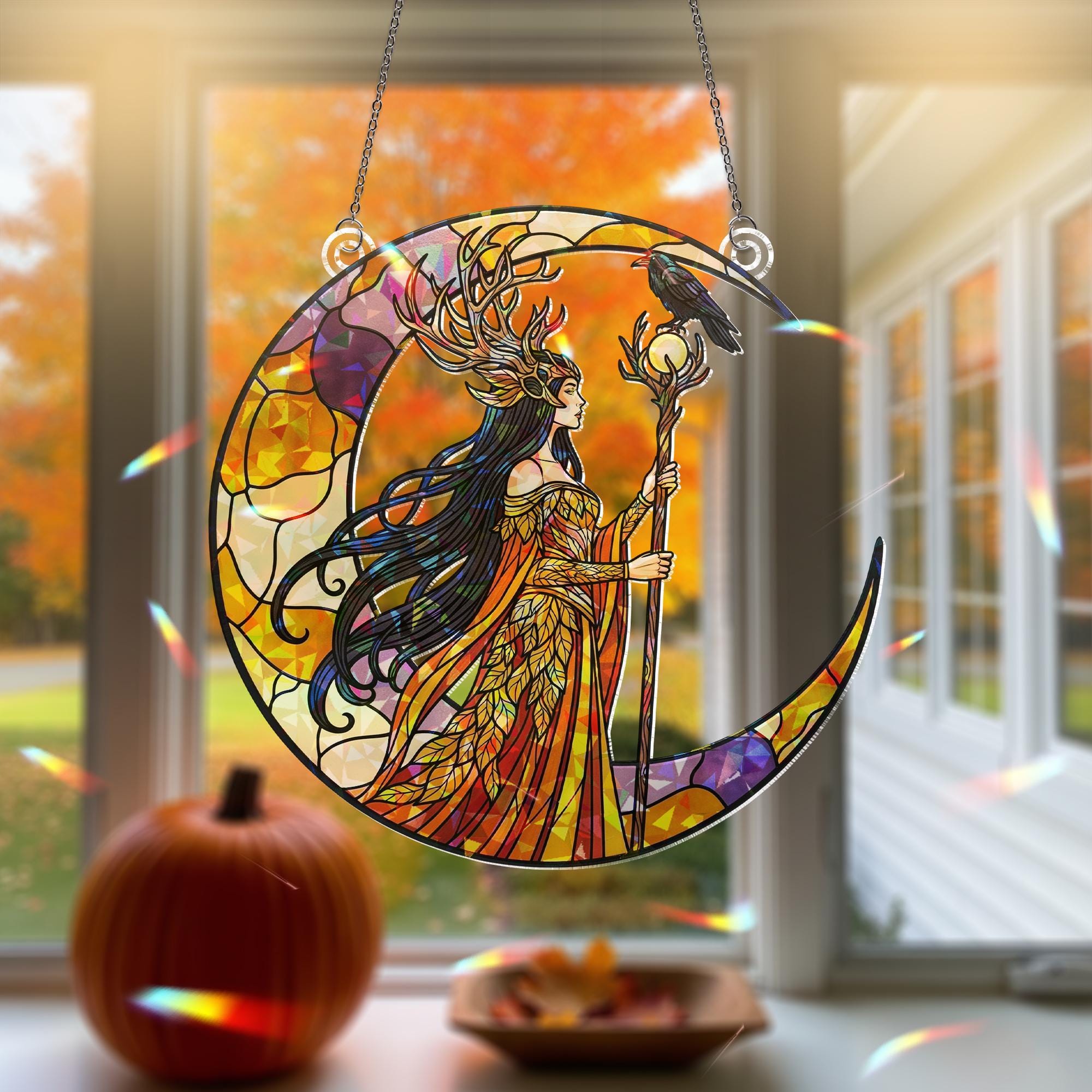 Goddess Moon Hologram Ornament – Mystical Raven Priestess Crescent ACRYLIC Window Hanging – Witchy Wall Decor, Halloween Home Decor