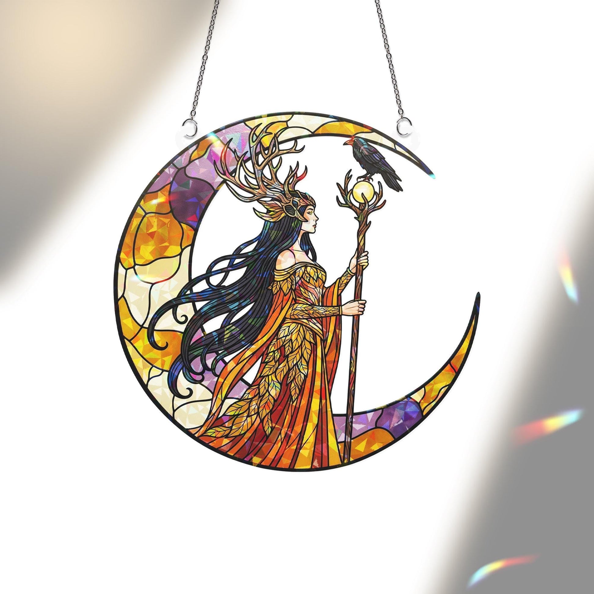 Goddess Moon Hologram Ornament – Mystical Raven Priestess Crescent ACRYLIC Window Hanging – Witchy Wall Decor, Halloween Home Decor