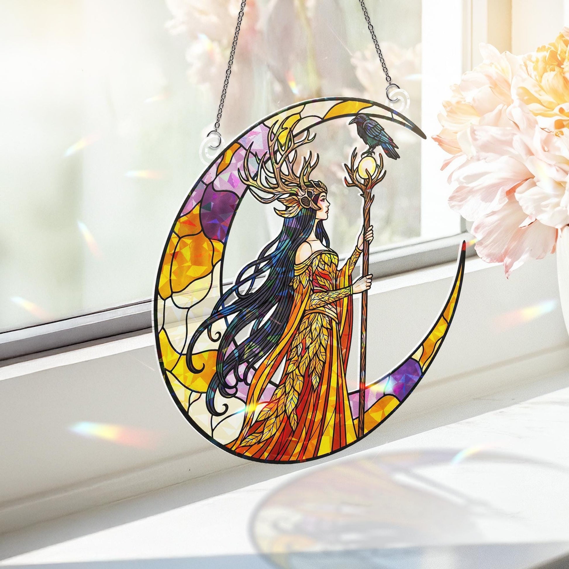 Goddess Moon Hologram Ornament – Mystical Raven Priestess Crescent ACRYLIC Window Hanging – Witchy Wall Decor, Halloween Home Decor