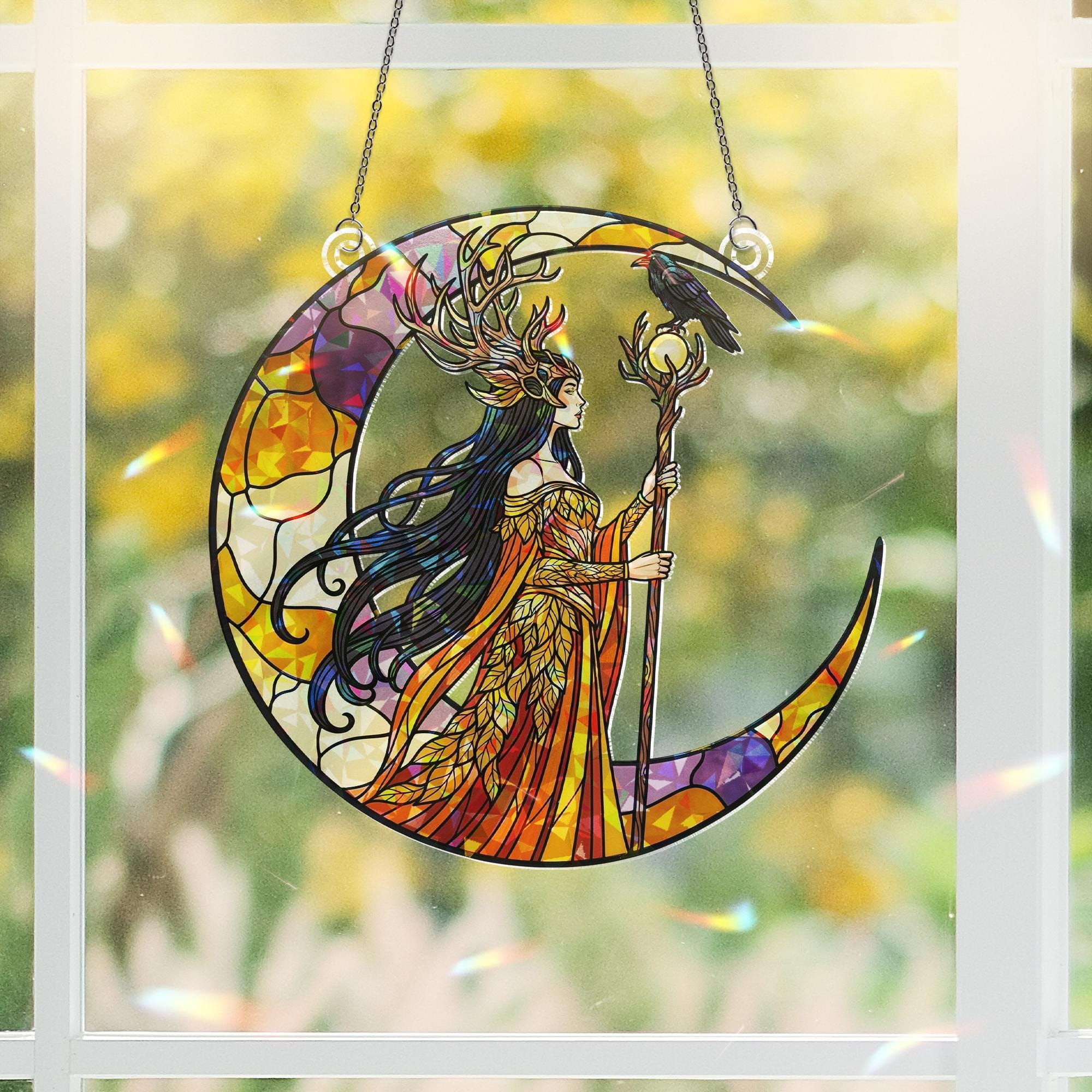 Goddess Moon Hologram Ornament – Mystical Raven Priestess Crescent ACRYLIC Window Hanging – Witchy Wall Decor, Halloween Home Decor