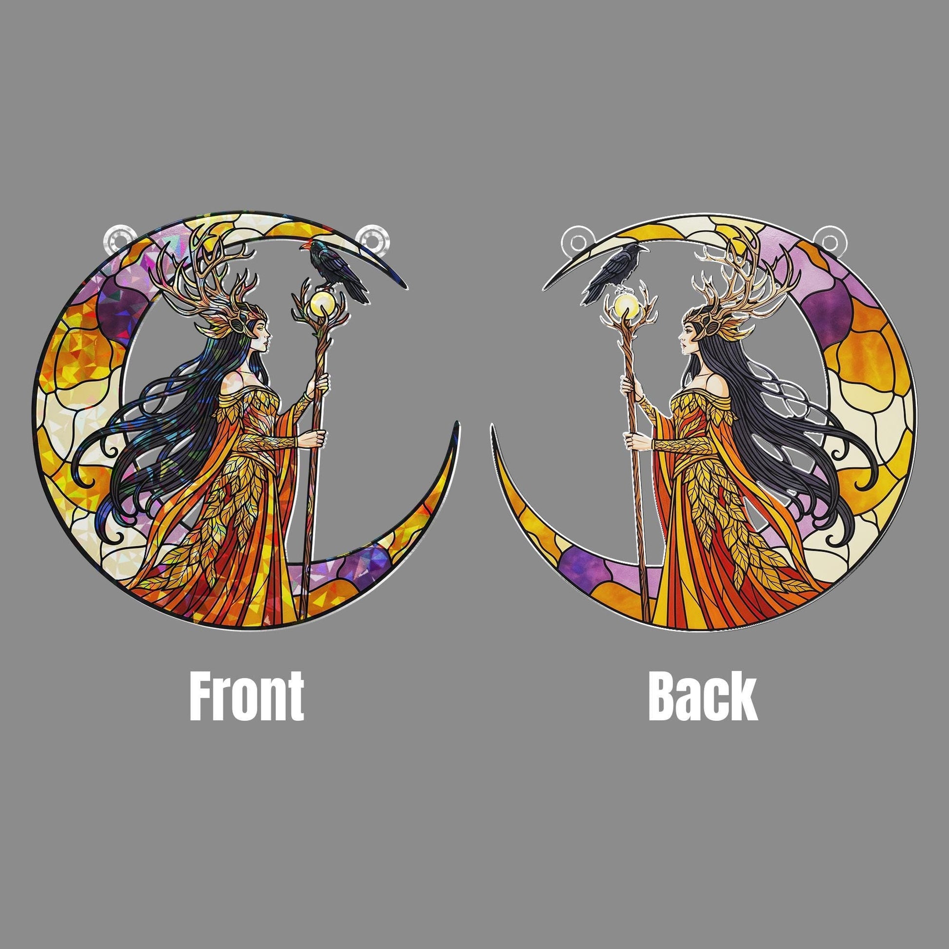 Goddess Moon Hologram Ornament – Mystical Raven Priestess Crescent ACRYLIC Window Hanging – Witchy Wall Decor, Halloween Home Decor