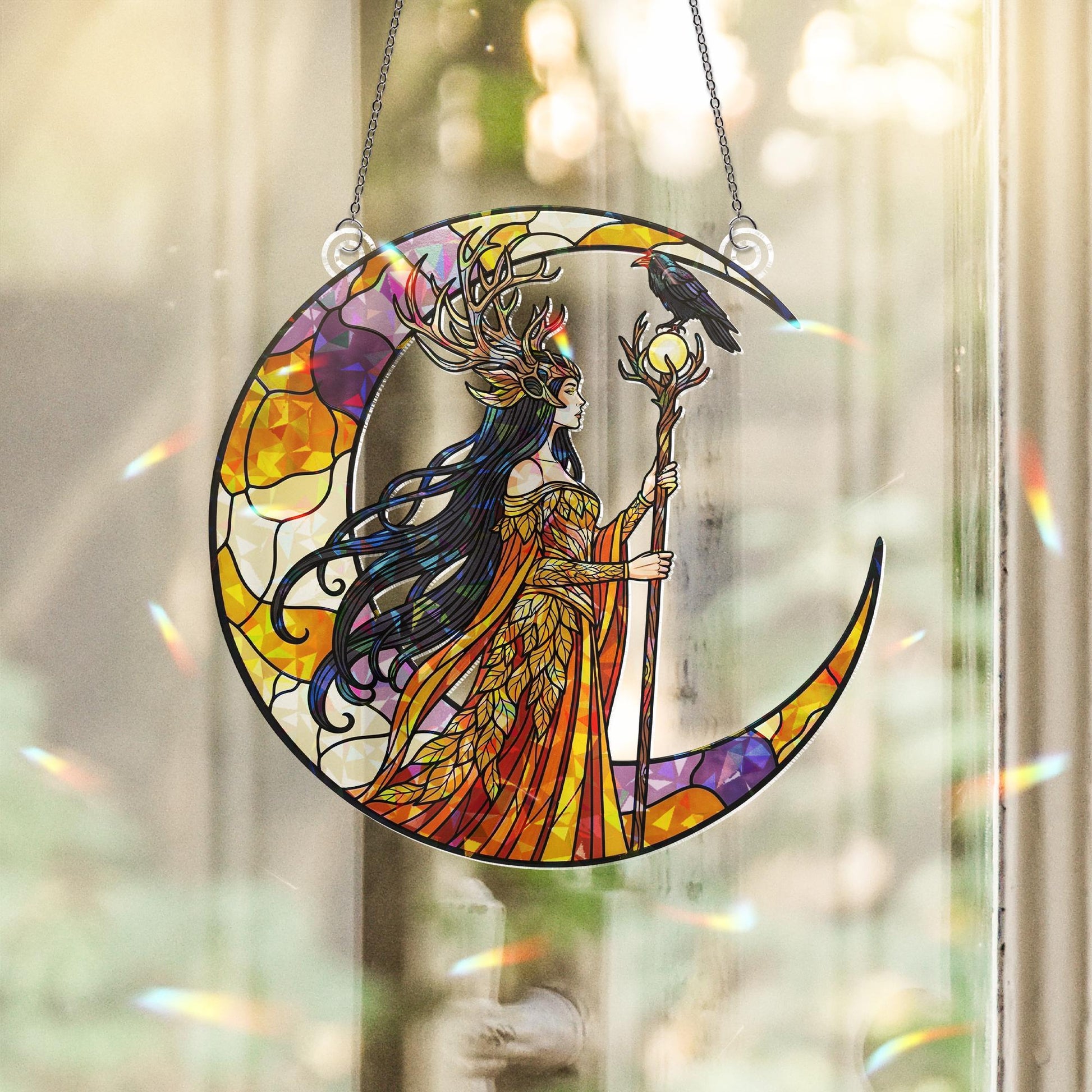 Goddess Moon Hologram Ornament – Mystical Raven Priestess Crescent ACRYLIC Window Hanging – Witchy Wall Decor, Halloween Home Decor