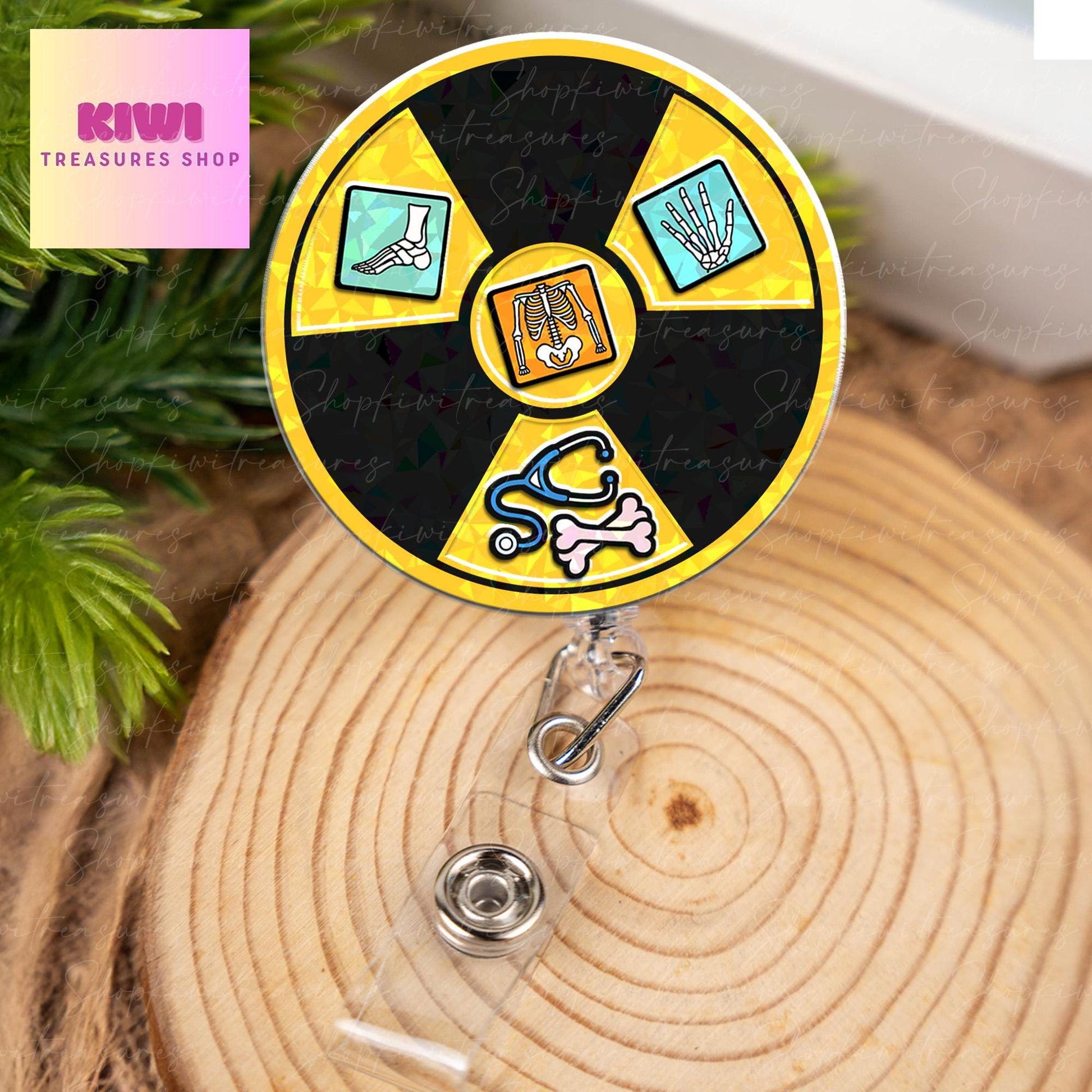 Holographic Radiology shake Badge Reel – X-Ray Tech Shaker ID Clip – Retractable Badge Holder with Medical Icons – Fun RT Tech Gift for Work