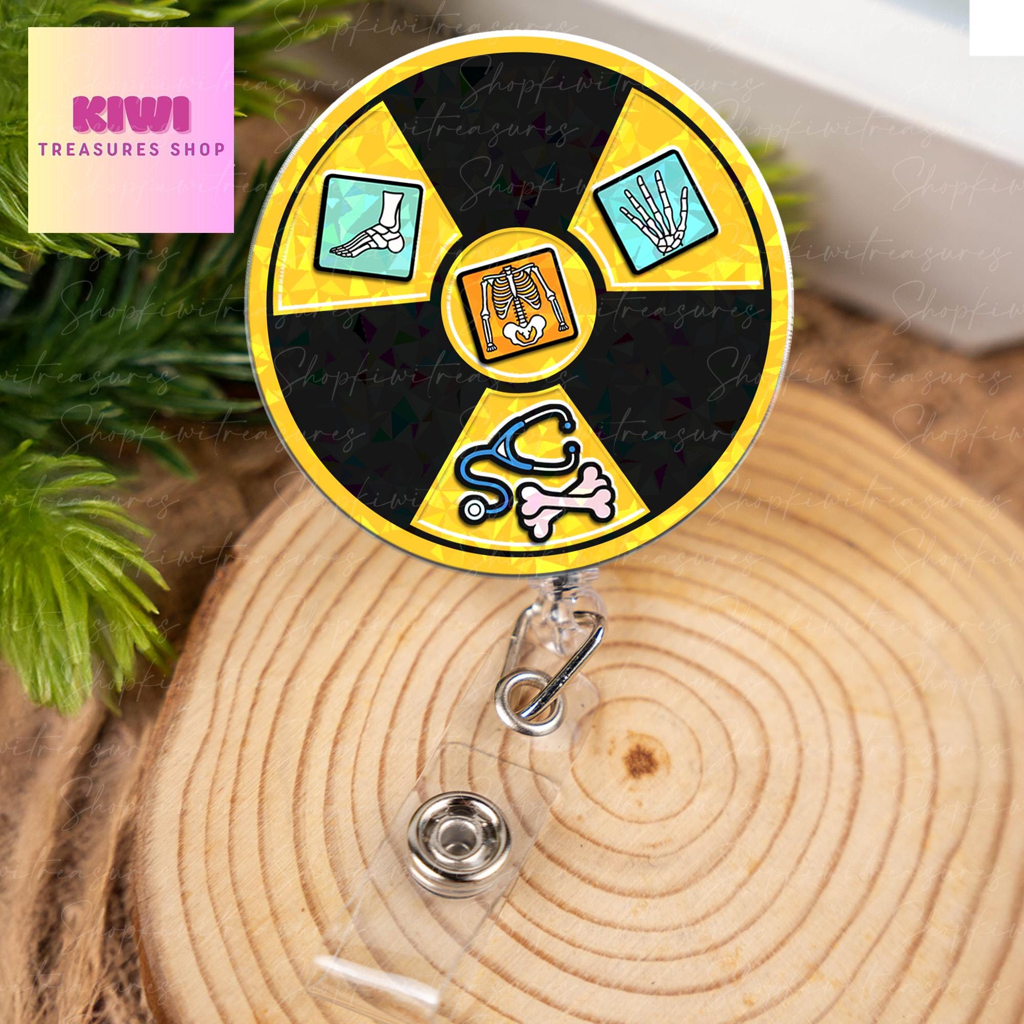 Holographic Radiology shake Badge Reel – X-Ray Tech Shaker ID Clip – Retractable Badge Holder with Medical Icons – Fun RT Tech Gift for Work