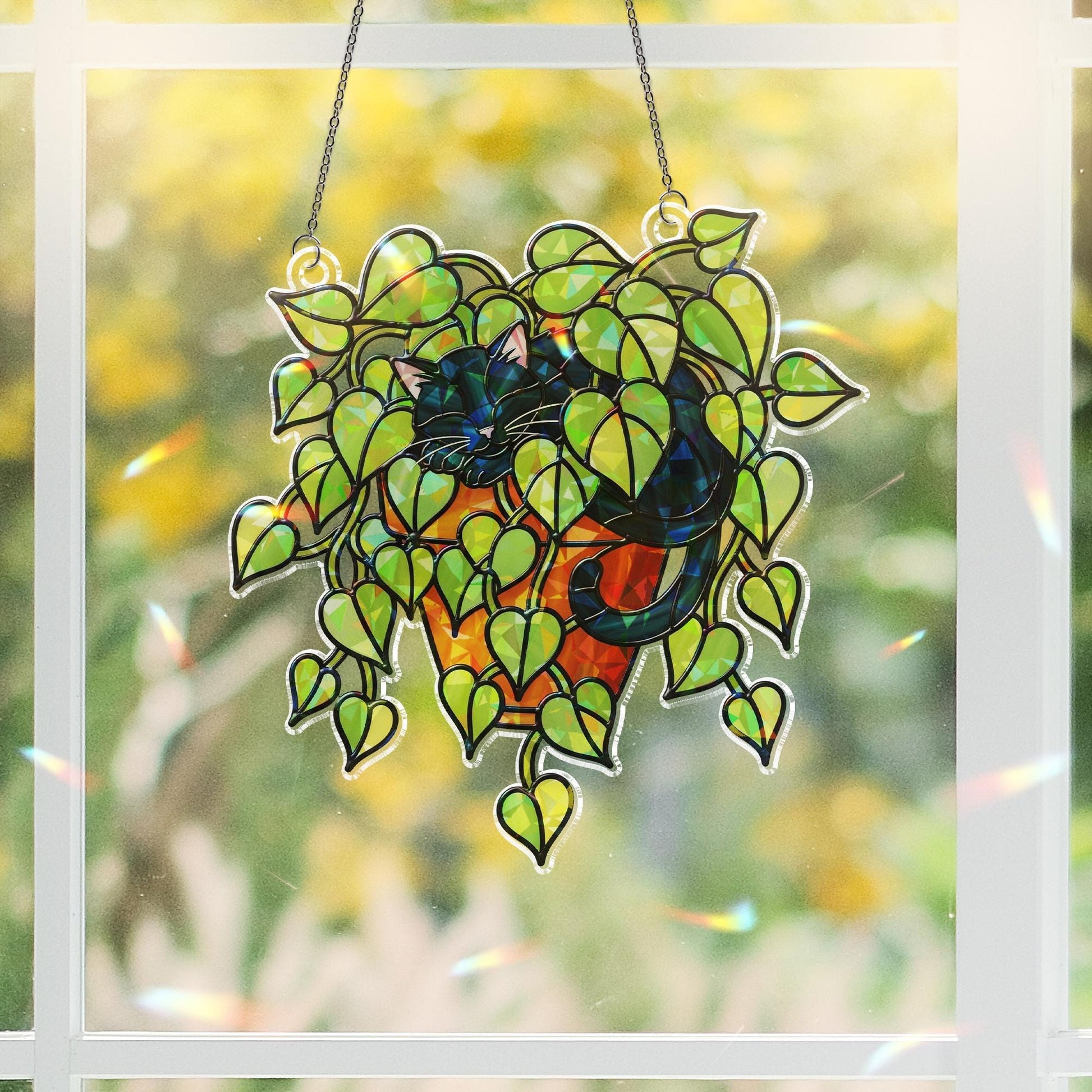 Black Cat Sleeping in Porthos Leaves Plant Hologram Ornament – Black Cat Hanging in Heart Leaf Vine – Window Decor for Plant, Cat Lovers