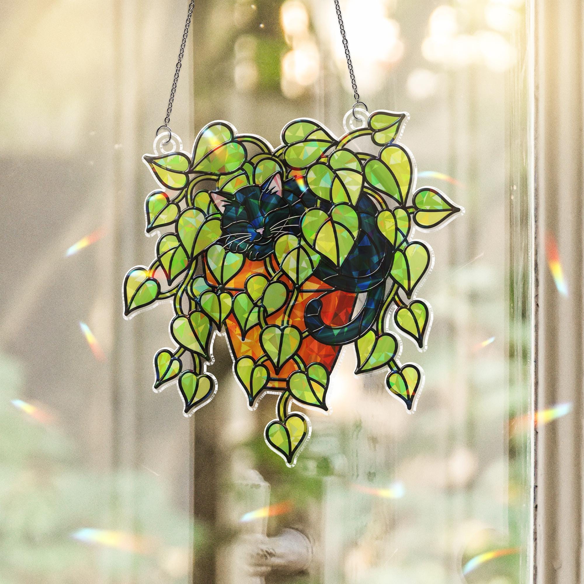 Black Cat Sleeping in Porthos Leaves Plant Hologram Ornament – Black Cat Hanging in Heart Leaf Vine – Window Decor for Plant, Cat Lovers