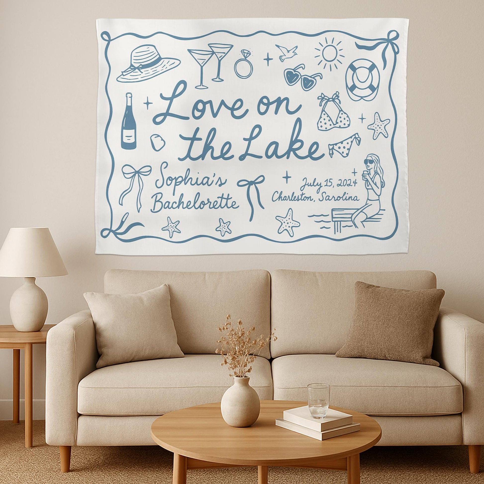 Custom Lake Bachelorette Party Tapestry – Love on the Lake Banner with Name, Date & Location – Personalized Bach Party Lake House Decor
