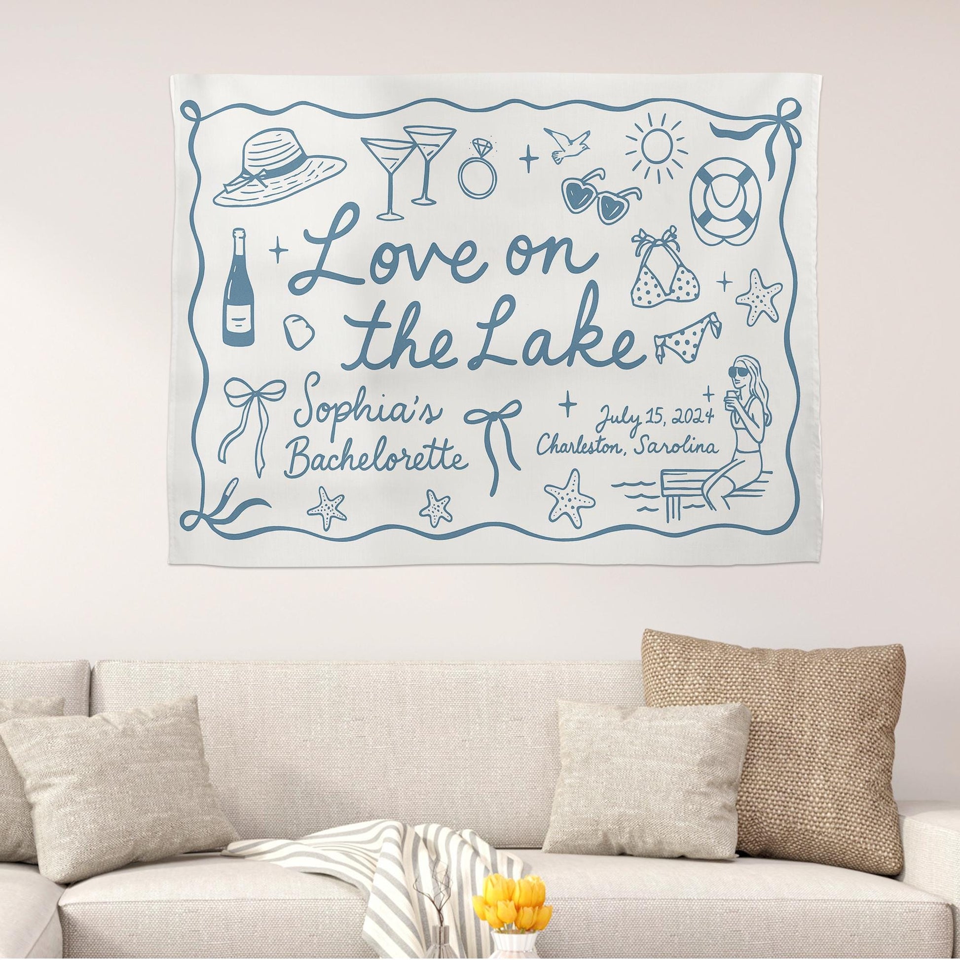 Custom Lake Bachelorette Party Tapestry – Love on the Lake Banner with Name, Date & Location – Personalized Bach Party Lake House Decor