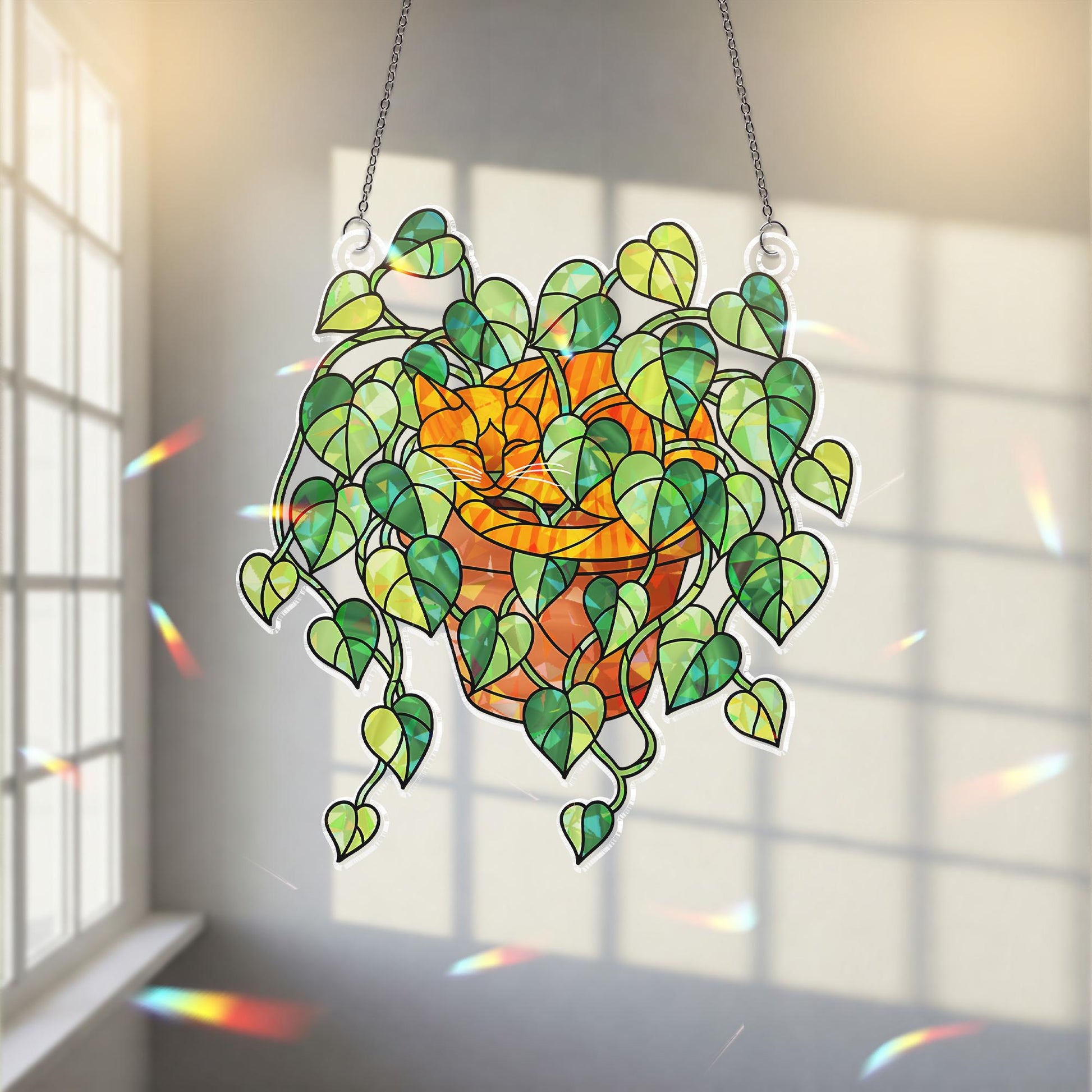 Orange Cat Sleeping in Porthos Leaves Plant Hologram Ornament – Orange Cat Hanging in Heart Leaf Vine – Window Decor for Plant, Cat Lovers