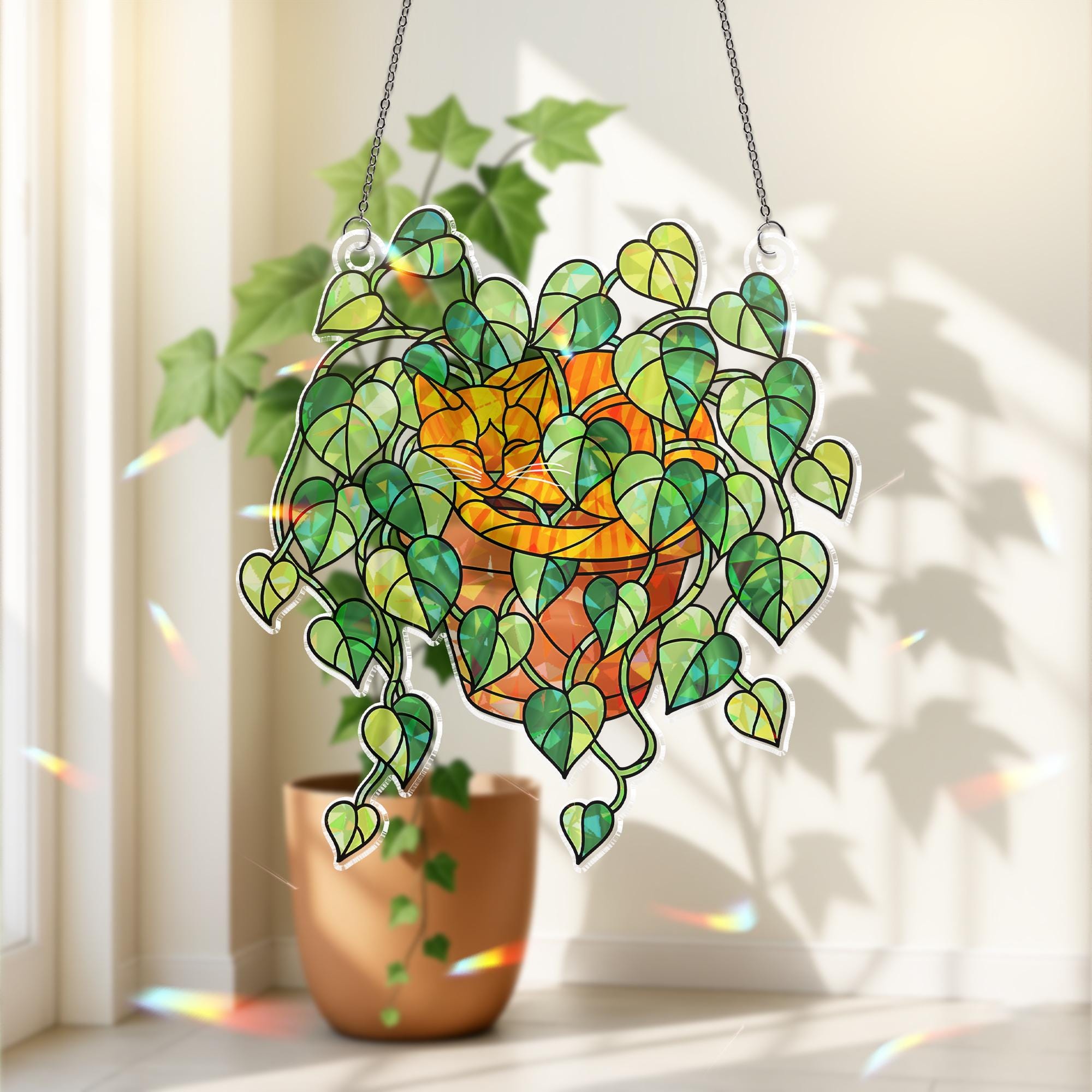 Orange Cat Sleeping in Porthos Leaves Plant Hologram Ornament – Orange Cat Hanging in Heart Leaf Vine – Window Decor for Plant, Cat Lovers