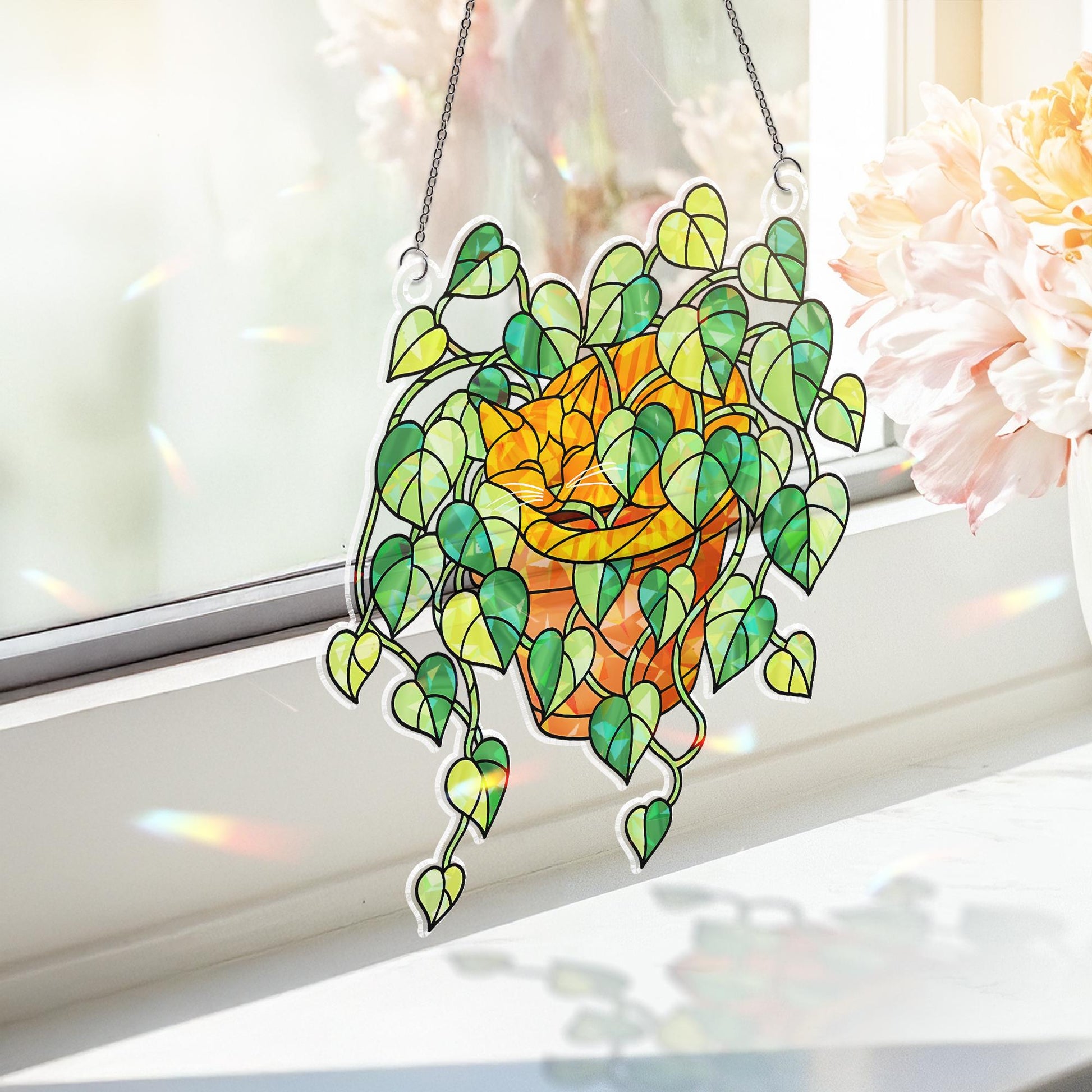 Orange Cat Sleeping in Porthos Leaves Plant Hologram Ornament – Orange Cat Hanging in Heart Leaf Vine – Window Decor for Plant, Cat Lovers