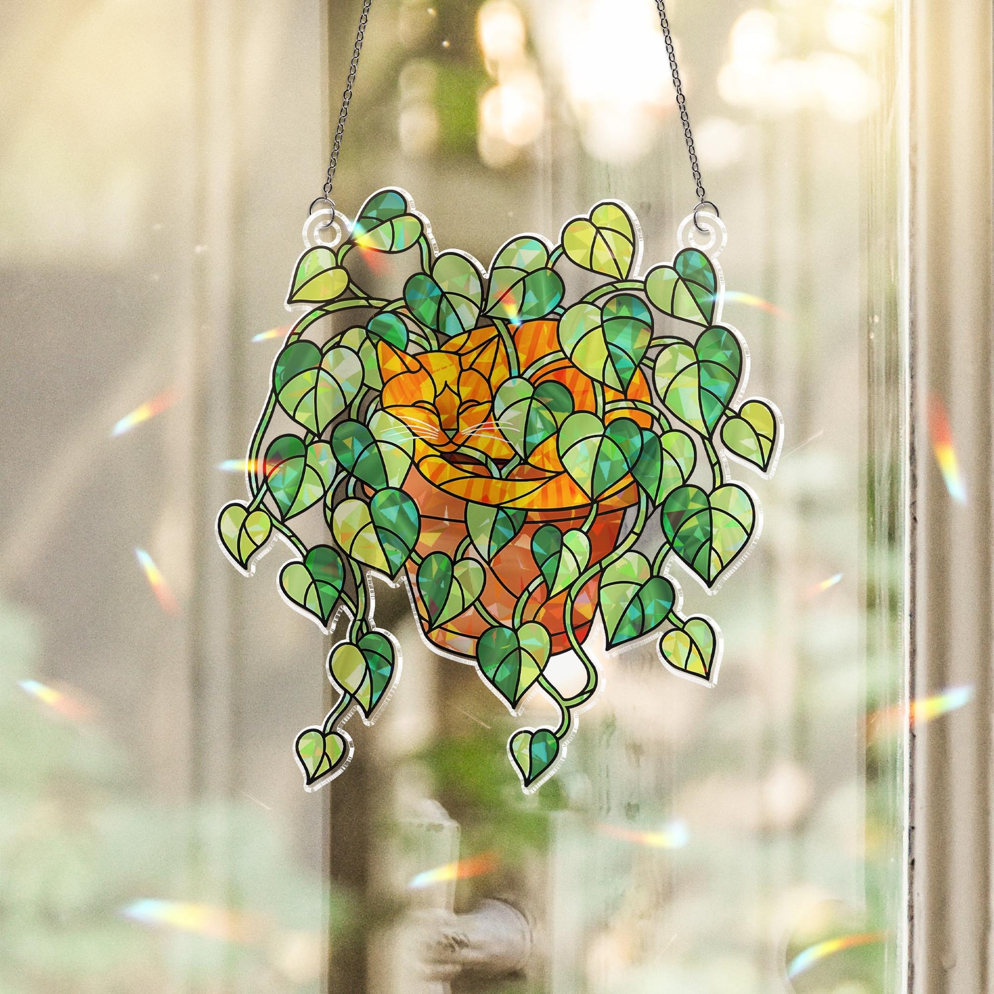 Orange Cat Sleeping in Porthos Leaves Plant Hologram Ornament – Orange Cat Hanging in Heart Leaf Vine – Window Decor for Plant, Cat Lovers