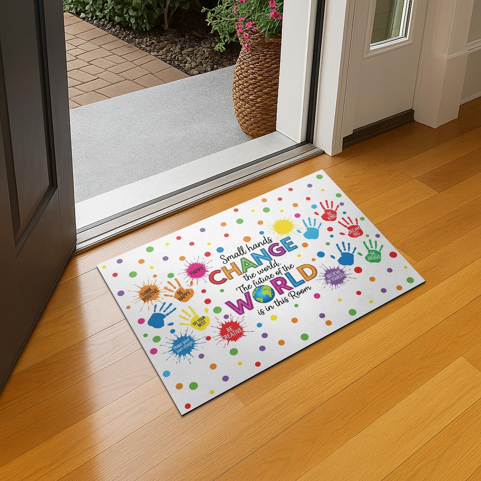 Inspirational Classroom Doormat, Small Hands Change the World Rug, Colorful Welcome Mat for Teachers, Kids, School Entryway, Classroom Decor