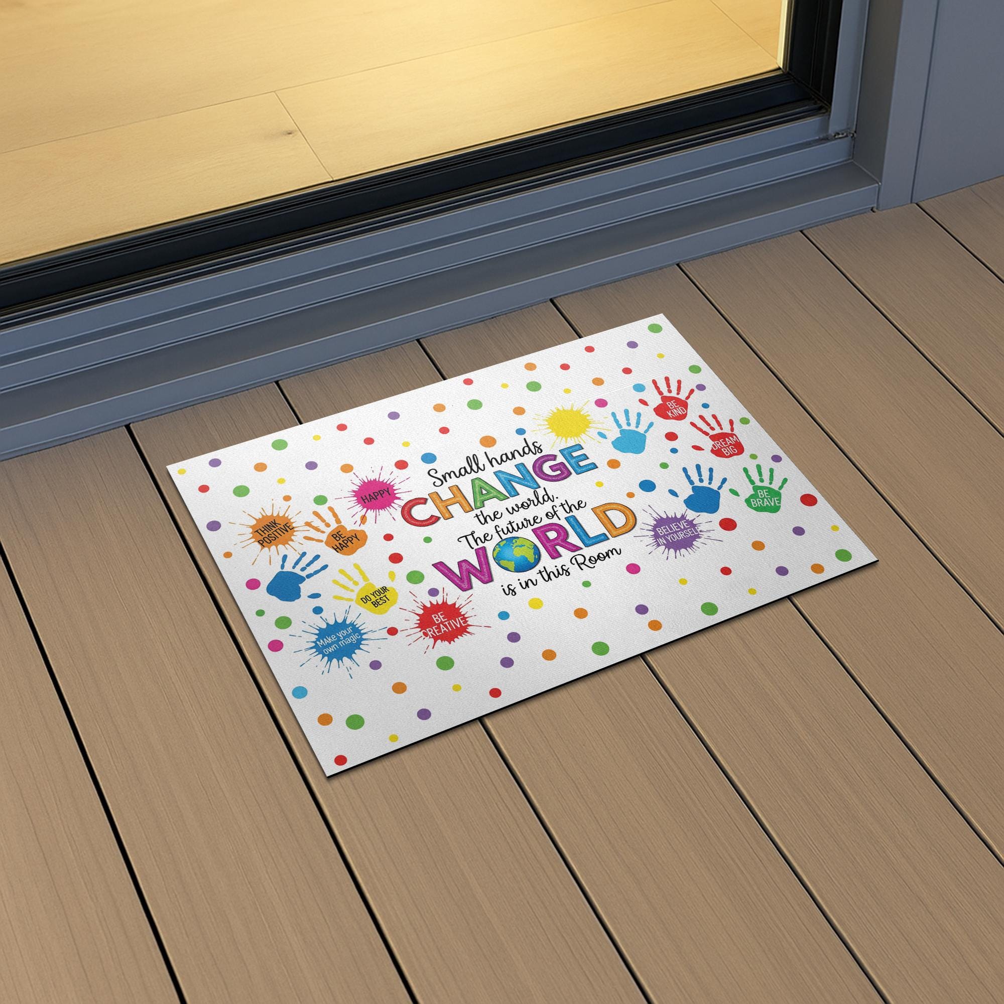 Inspirational Classroom Doormat, Small Hands Change the World Rug, Colorful Welcome Mat for Teachers, Kids, School Entryway, Classroom Decor