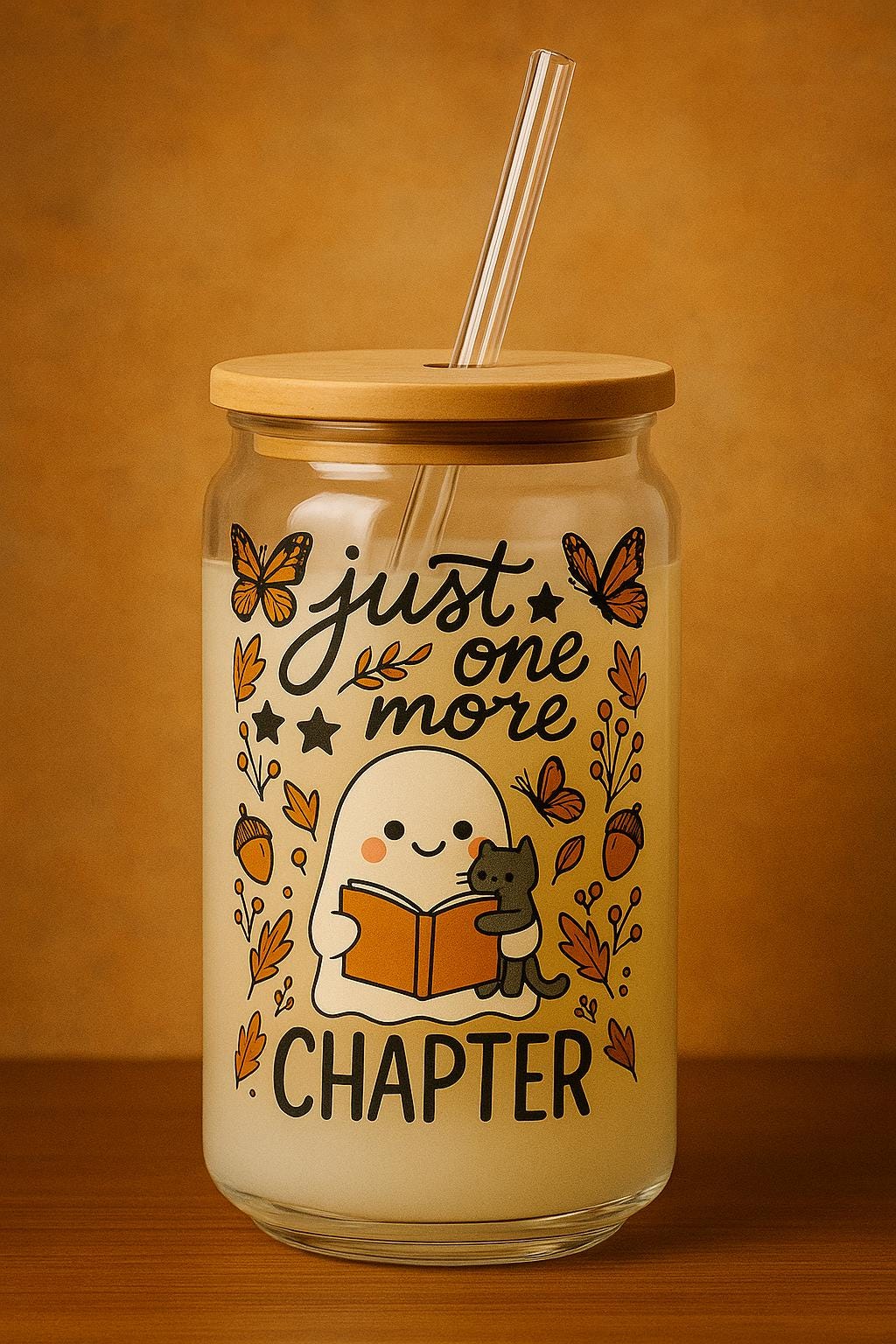 Just One More Chapter Glass – Cute Ghost Book Lover Sipper – Cozy Fall Iced Coffee Cup – Halloween Reading Tumbler witt Straw