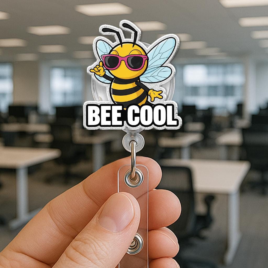 Bee Cool Badge Reel, Funny Bumblebee Pun ID Holder with Sunglasses, Sparkly Retractable Badge for Nurse, Teacher, Office Gift for Her