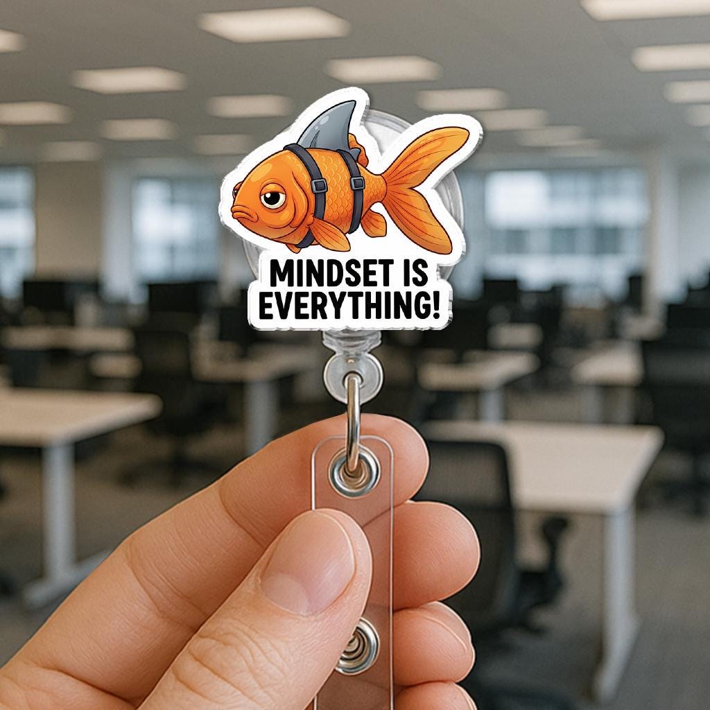 Mindset is Everything Badge Reel, Funny Goldfish with Shark Fin, Motivational Quote ID Holder, Retractable Lanyard for Nurse Teacher
