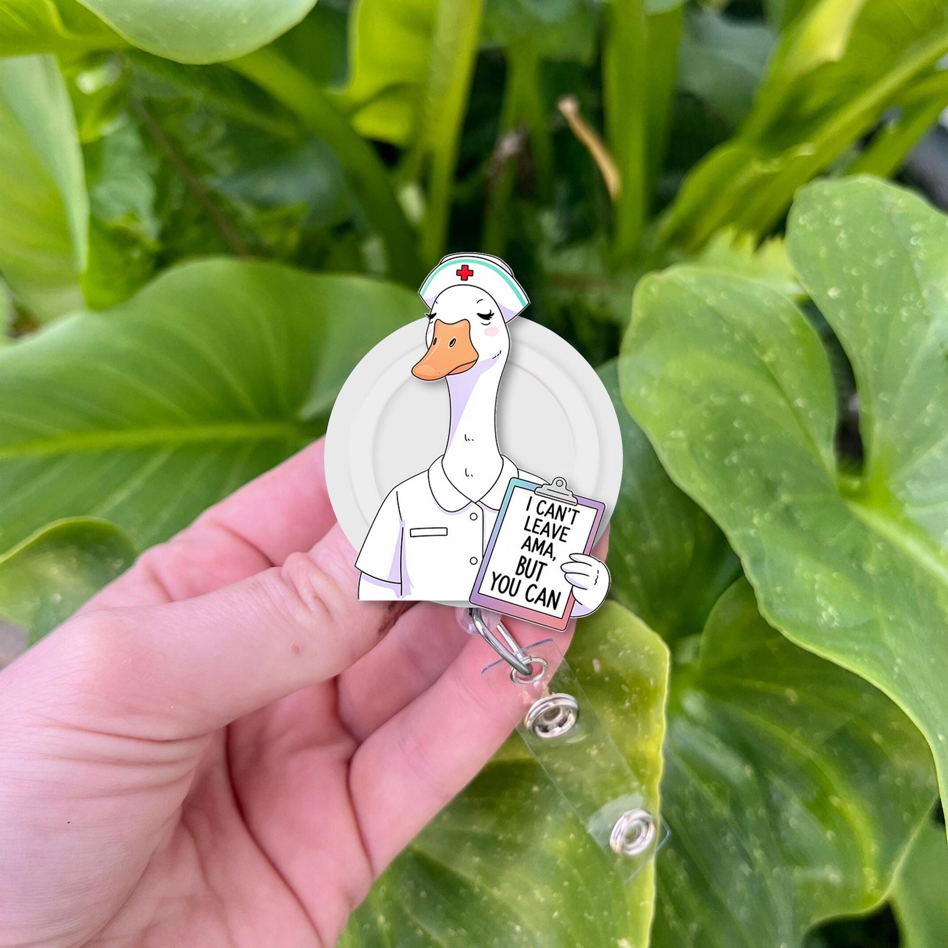 Funny Nurse Goose Badge Reel – “I Can’t Leave AMA but You Can” ID Holder, Hilarious Gift for rn, cna, EMT, Hospital or Clinic Badge Clip