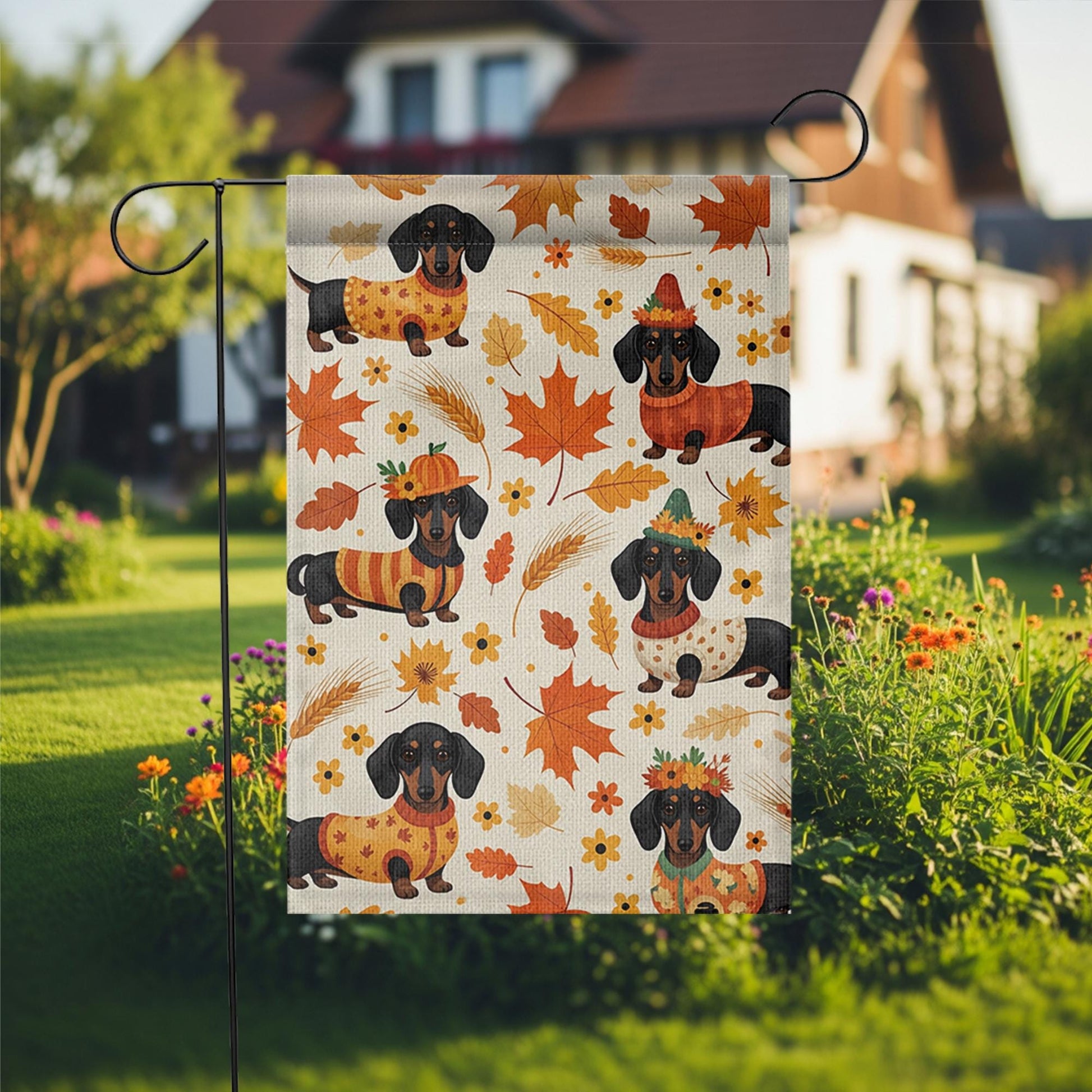 Fall Dachshund Garden Flag – Cute Autumn Wiener Dog Yard Decor, Seasonal Welcome Sign with Pumpkins & Leaves, Thanksgiving Pet Banner