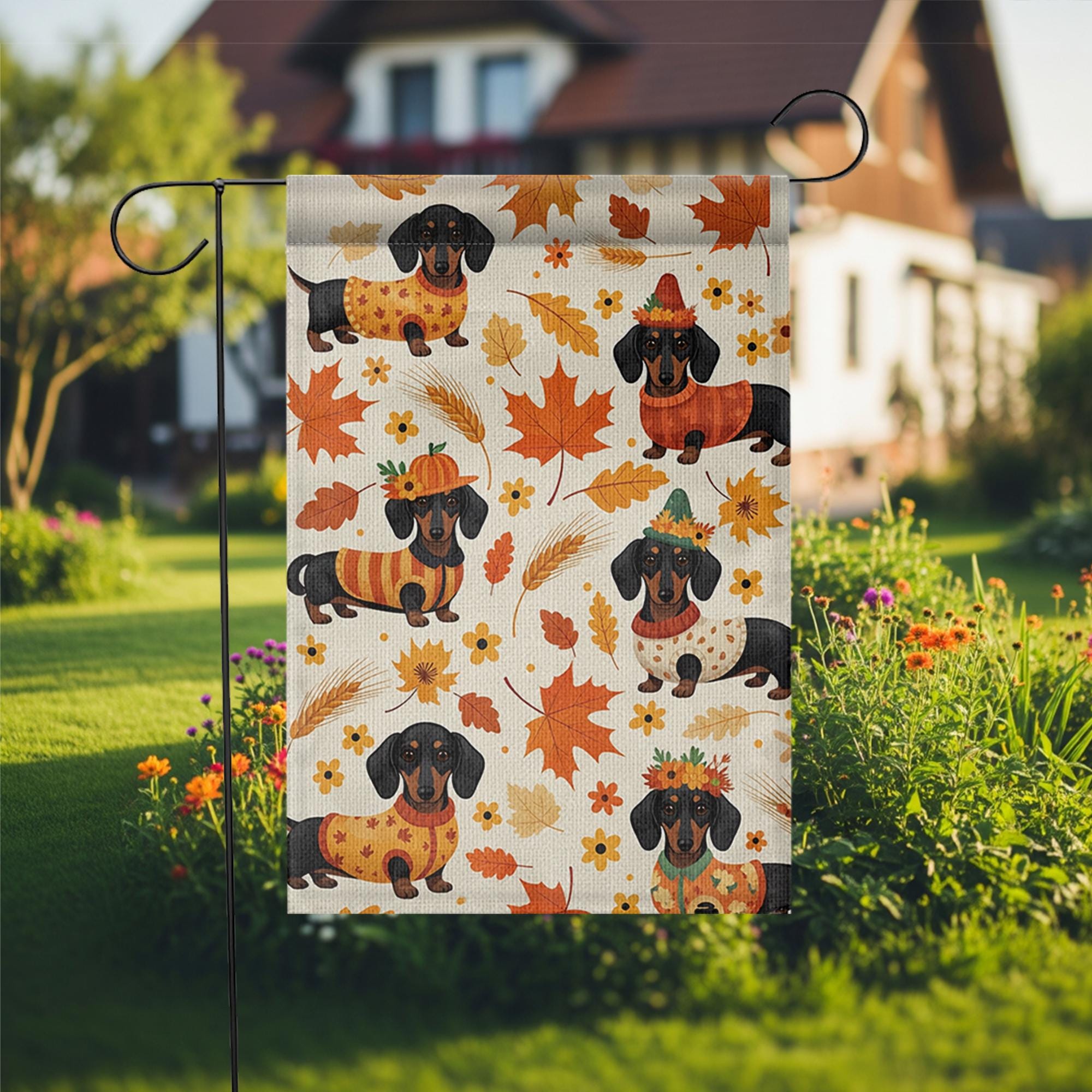 Fall Dachshund Garden Flag – Cute Autumn Wiener Dog Yard Decor, Seasonal Welcome Sign with Pumpkins & Leaves, Thanksgiving Pet Banner