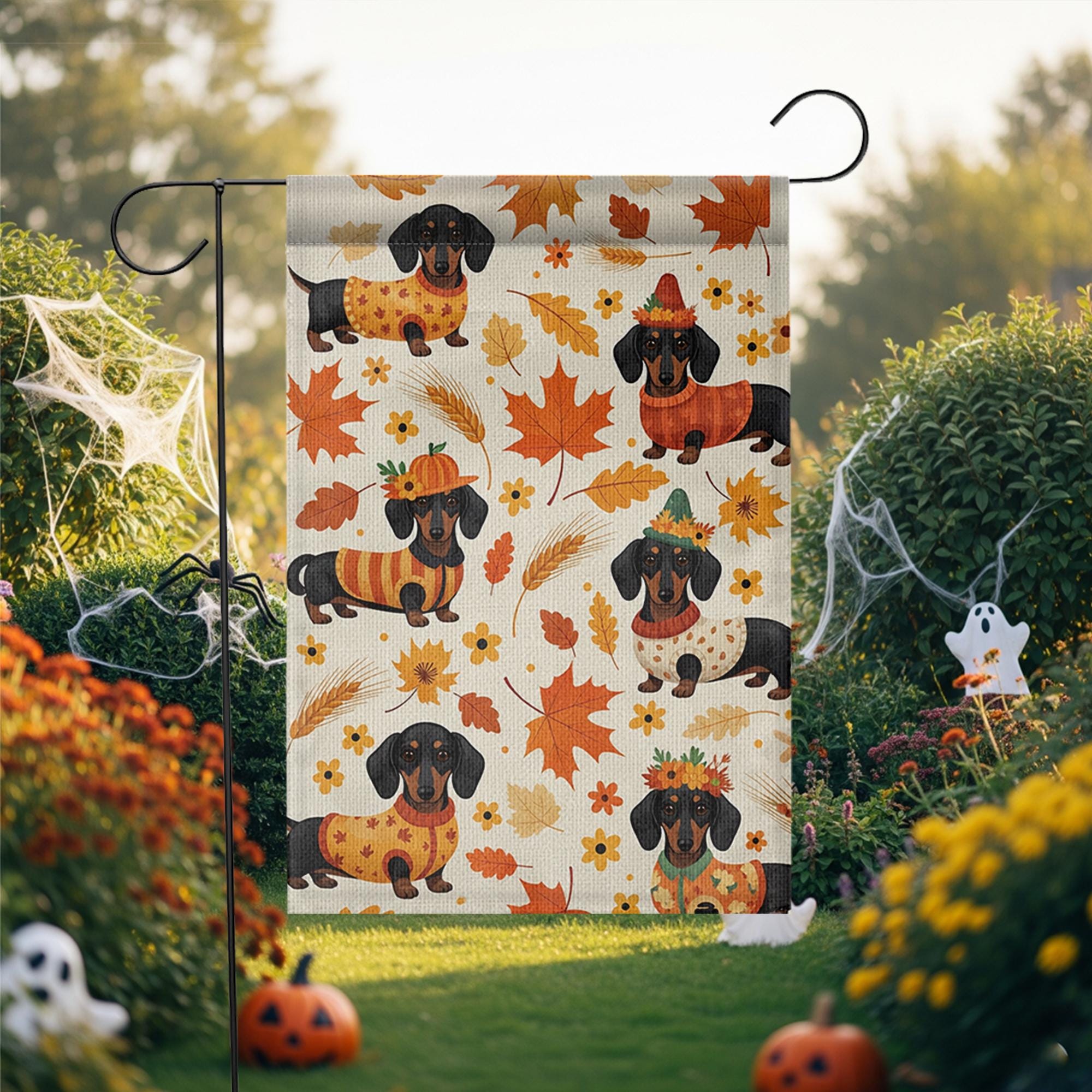 Fall Dachshund Garden Flag – Cute Autumn Wiener Dog Yard Decor, Seasonal Welcome Sign with Pumpkins & Leaves, Thanksgiving Pet Banner