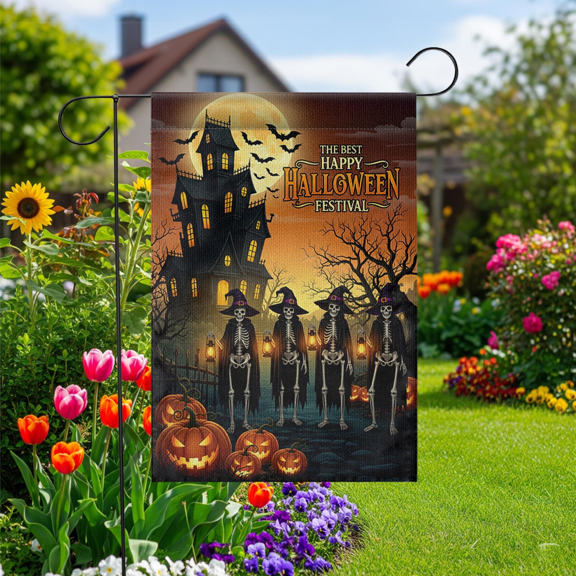 Halloween Garden Flag – Skeleton Witches Outdoor Decor, Haunted House Yard Sign, Fall Spooky Decoration