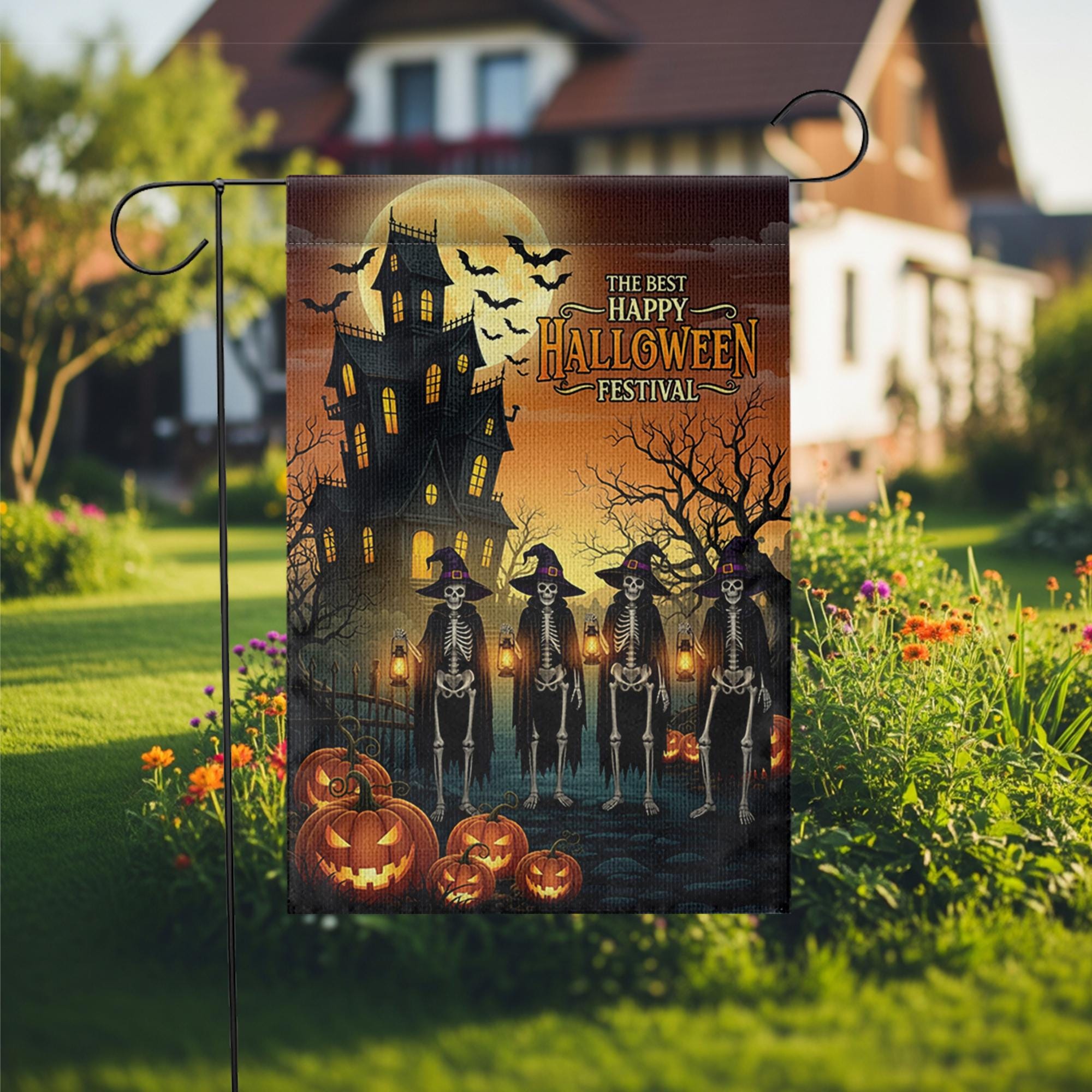 Halloween Garden Flag – Skeleton Witches Outdoor Decor, Haunted House Yard Sign, Fall Spooky Decoration