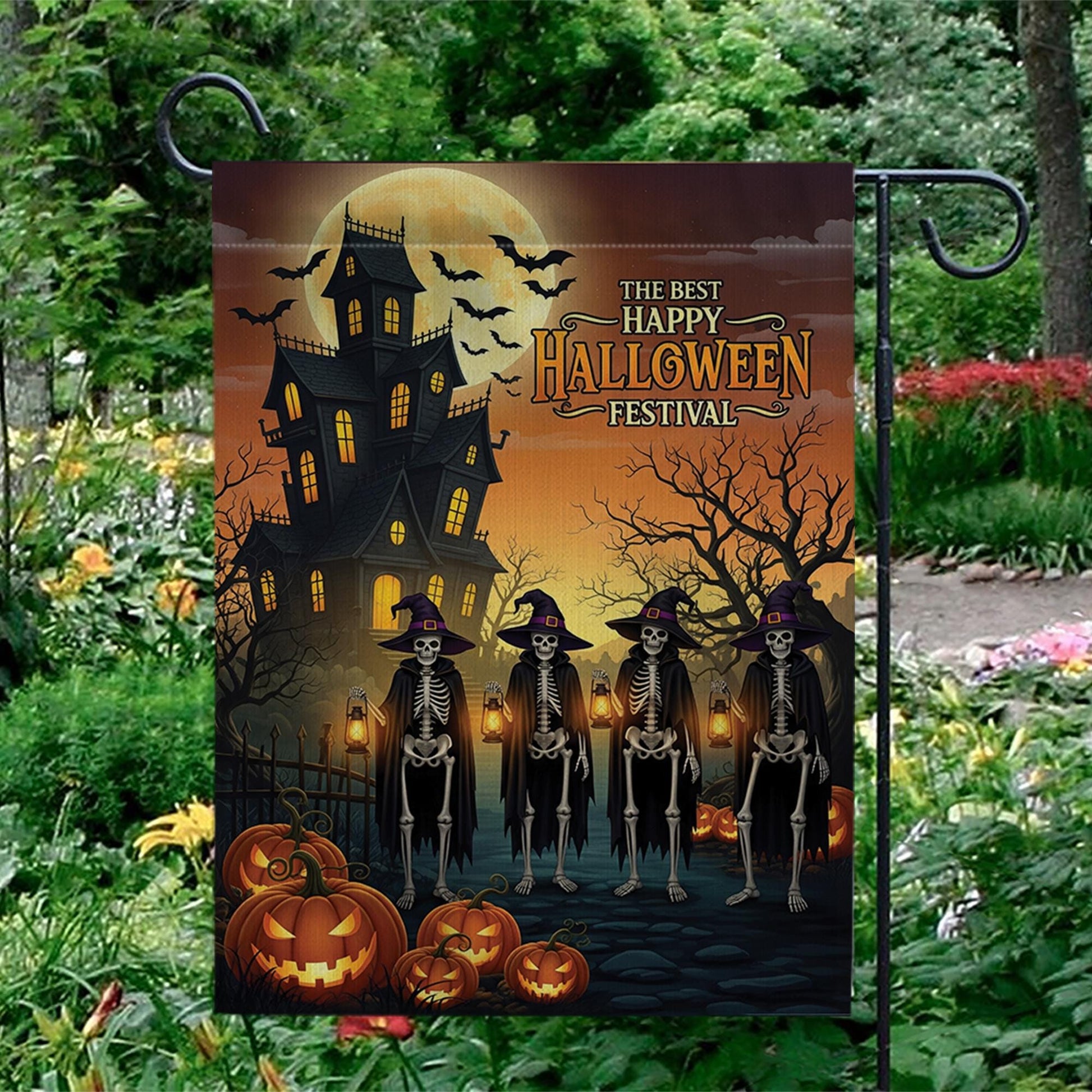 Halloween Garden Flag – Skeleton Witches Outdoor Decor, Haunted House Yard Sign, Fall Spooky Decoration