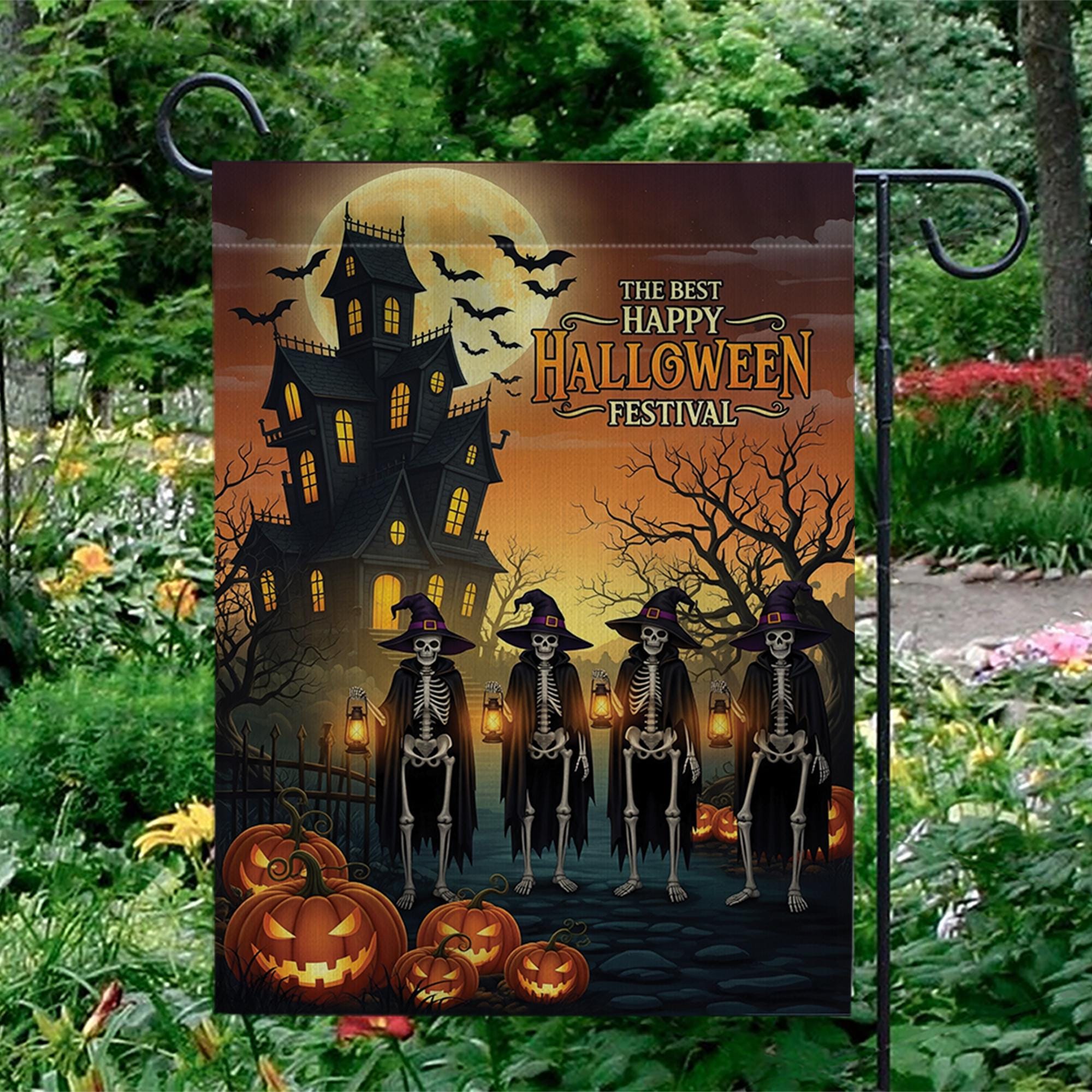 Halloween Garden Flag – Skeleton Witches Outdoor Decor, Haunted House Yard Sign, Fall Spooky Decoration