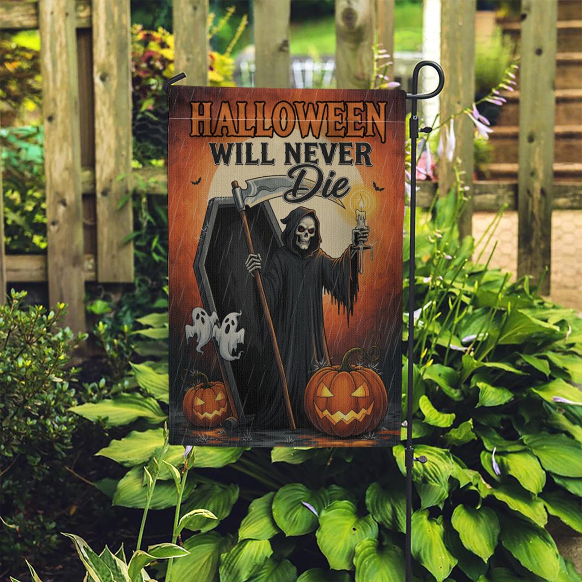 Grim Reaper Halloween Garden Flag – Scary Yard Decor, Coffin & Ghost Outdoor Sign, Spooky Fall Decoration