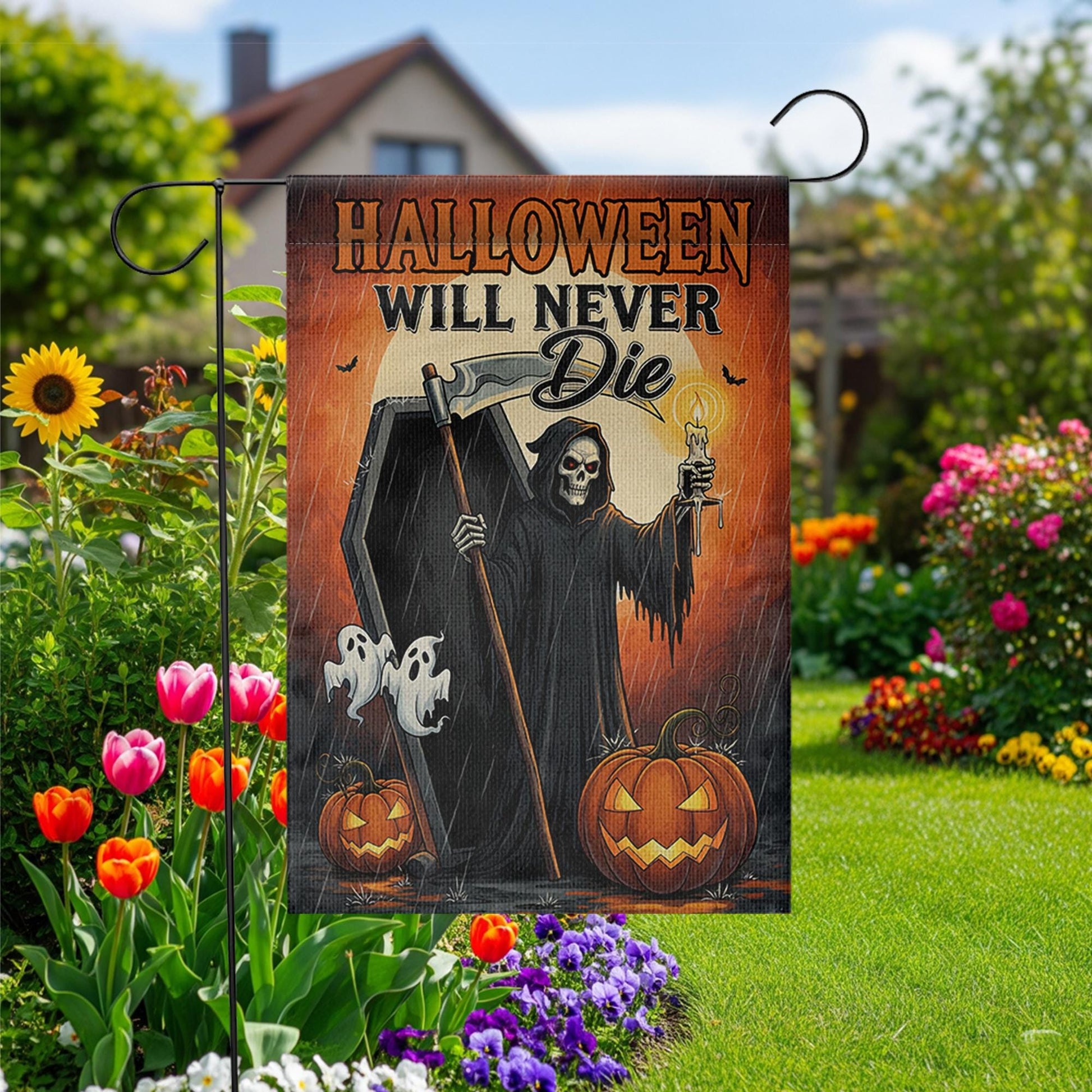 Grim Reaper Halloween Garden Flag – Scary Yard Decor, Coffin & Ghost Outdoor Sign, Spooky Fall Decoration