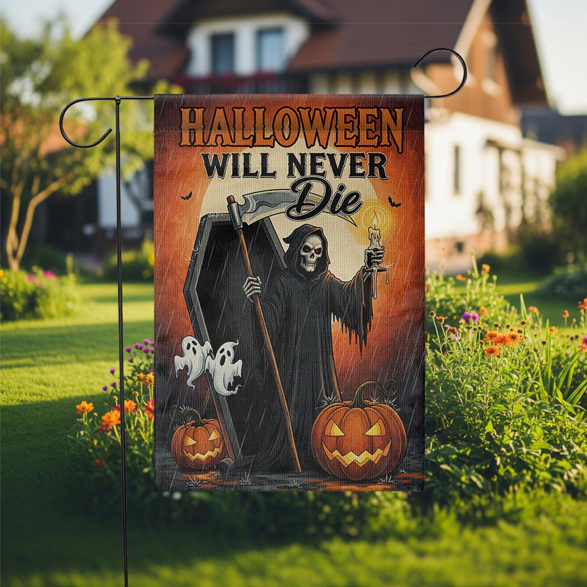 Grim Reaper Halloween Garden Flag – Scary Yard Decor, Coffin & Ghost Outdoor Sign, Spooky Fall Decoration